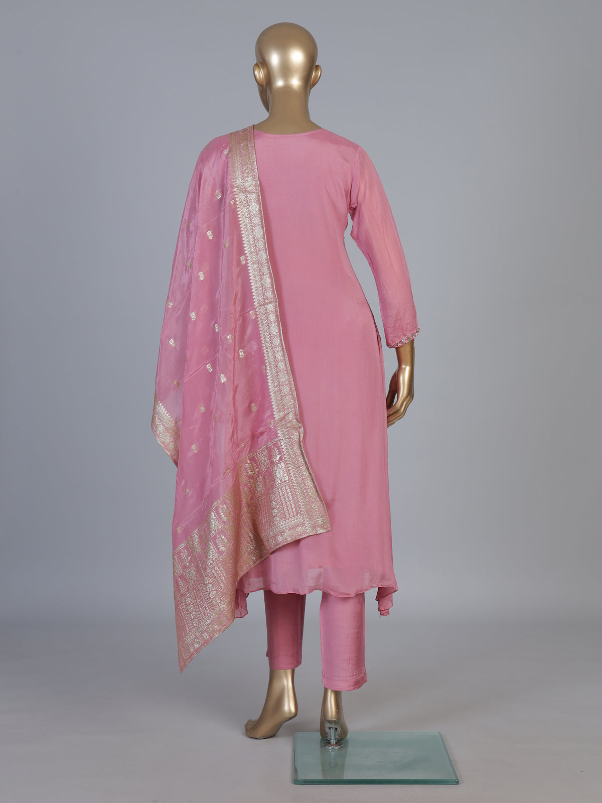 Pink organza silk embroidered pant suit with festive dupatta