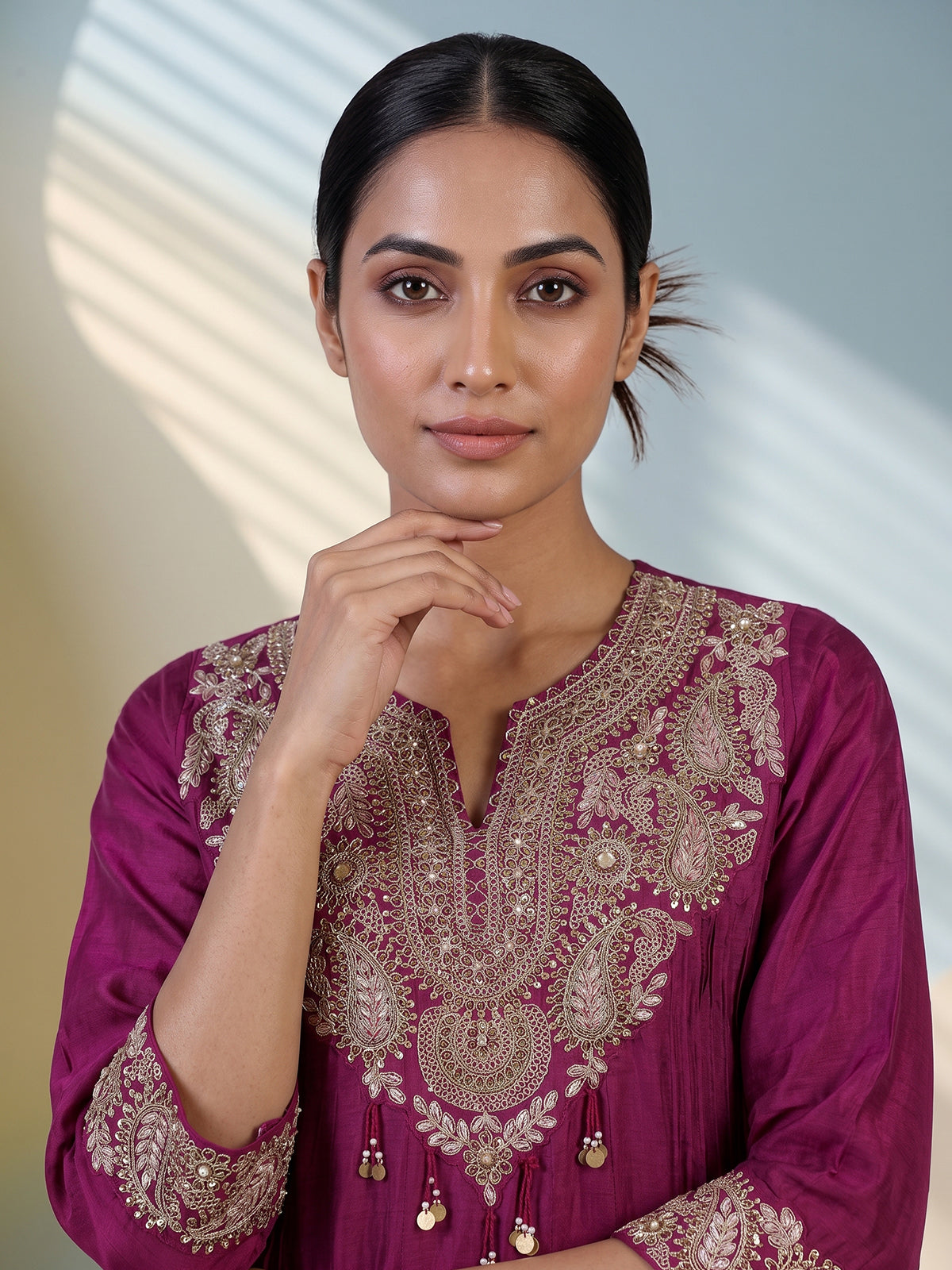 Magenta crepe silk anarkali pant suit with dupatta