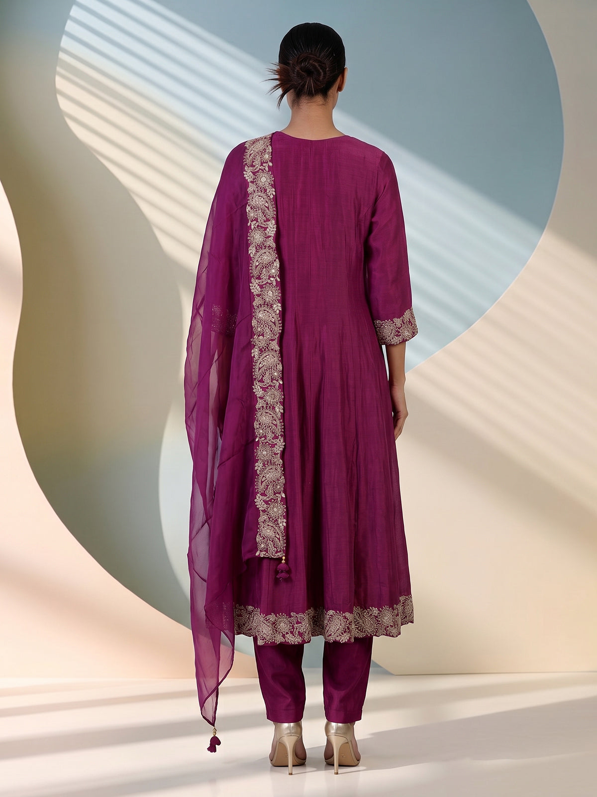 Magenta crepe silk anarkali pant suit with dupatta