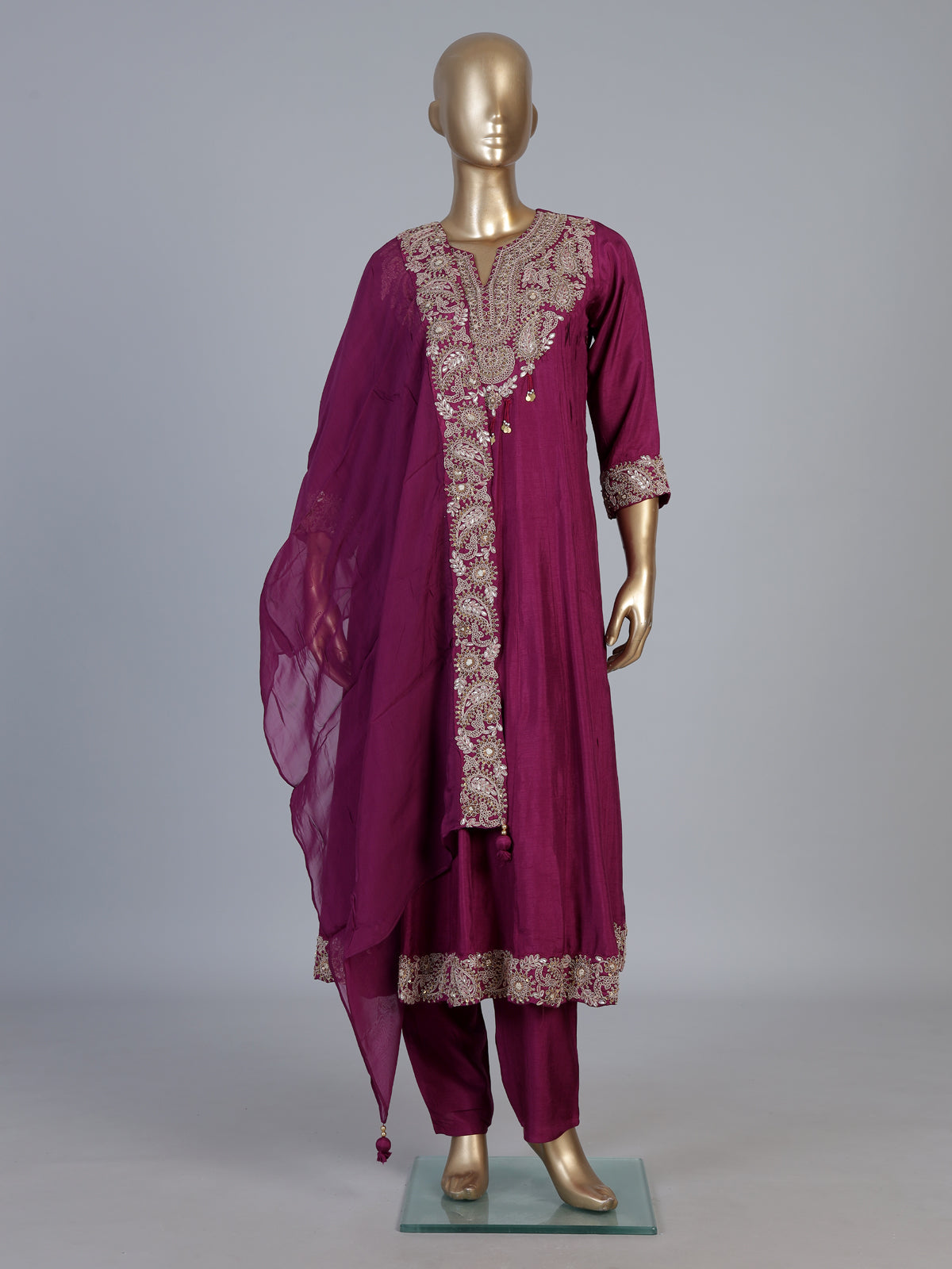 Magenta crepe silk anarkali pant suit with dupatta