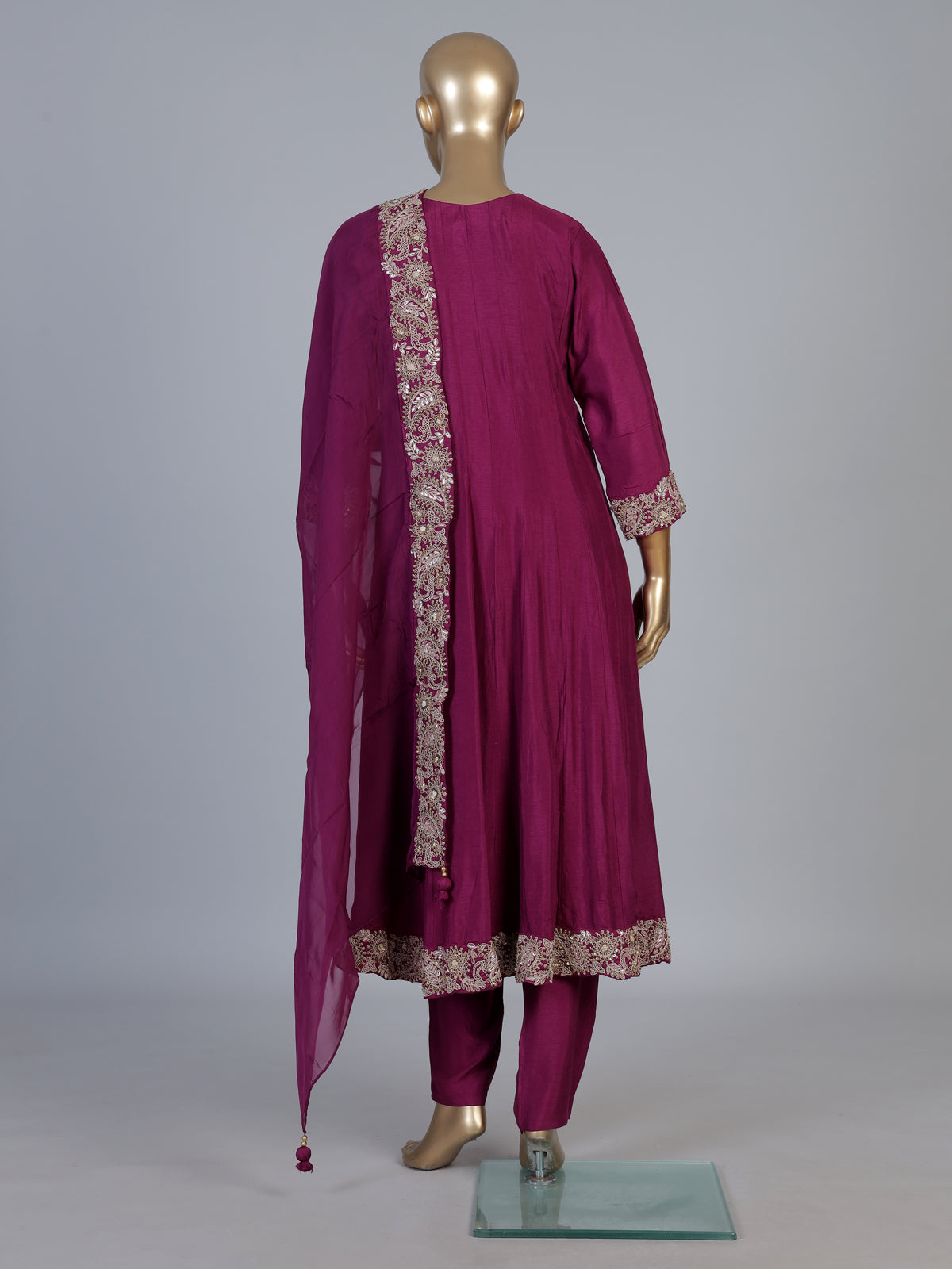 Magenta crepe silk anarkali pant suit with dupatta