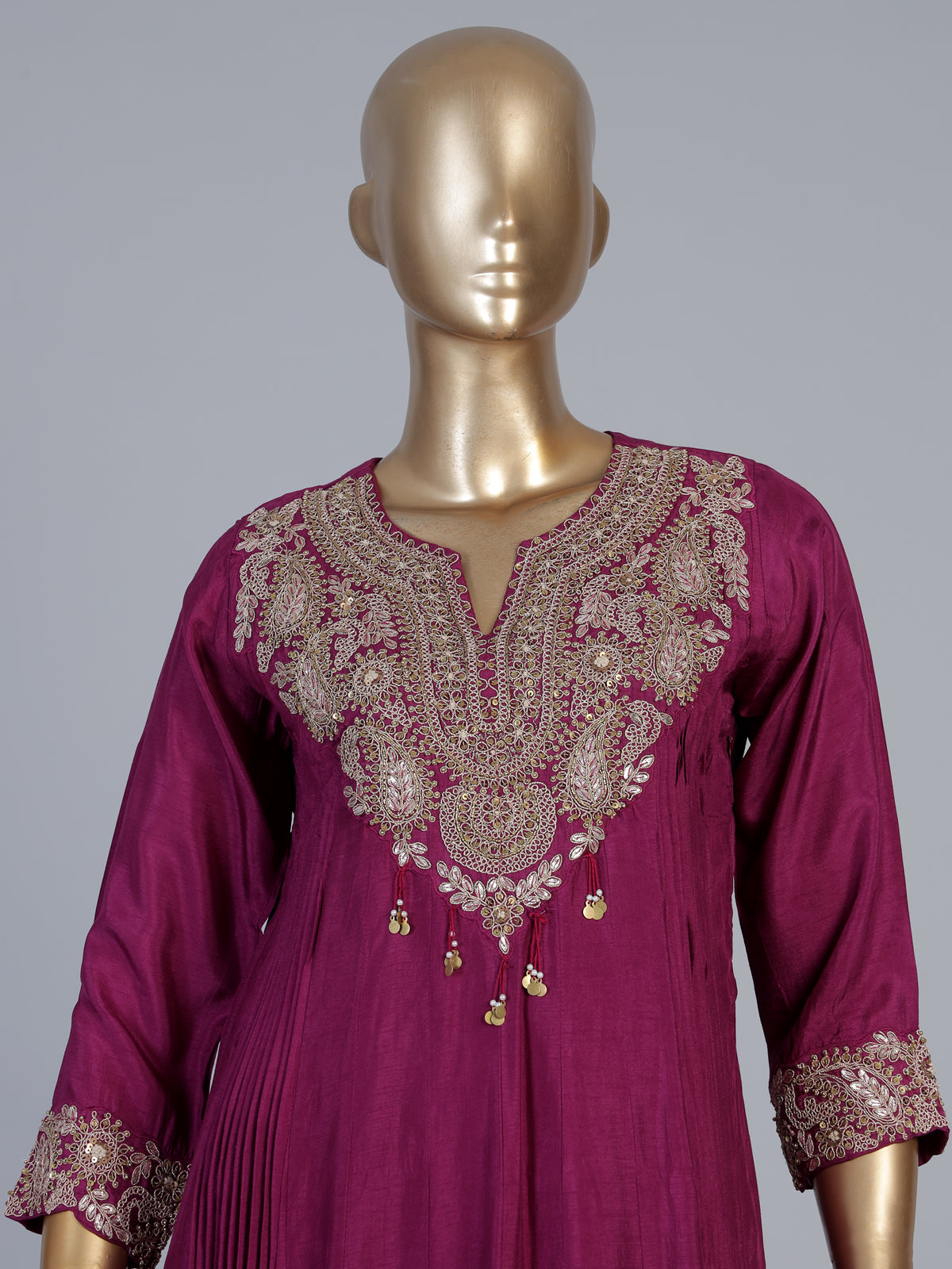 Magenta crepe silk anarkali pant suit with dupatta