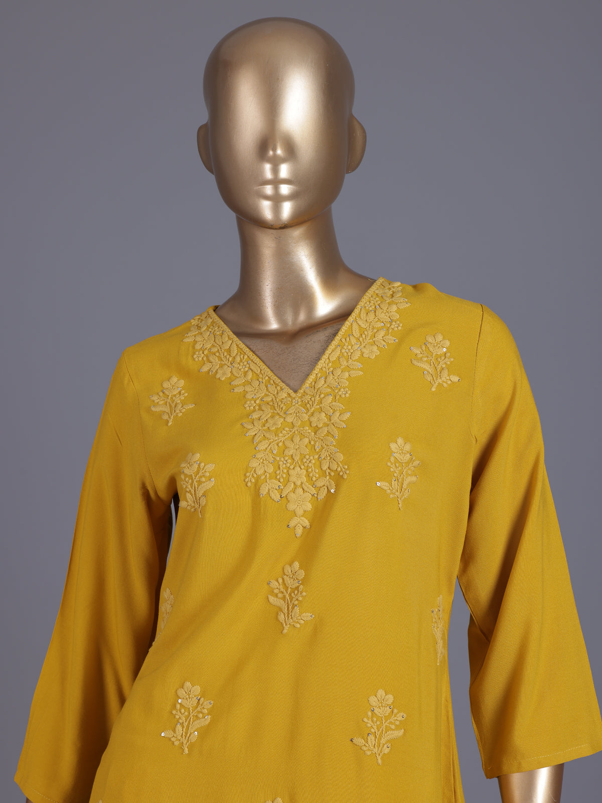 Mustard yellow embroidered cotton silk ethnic kurti set