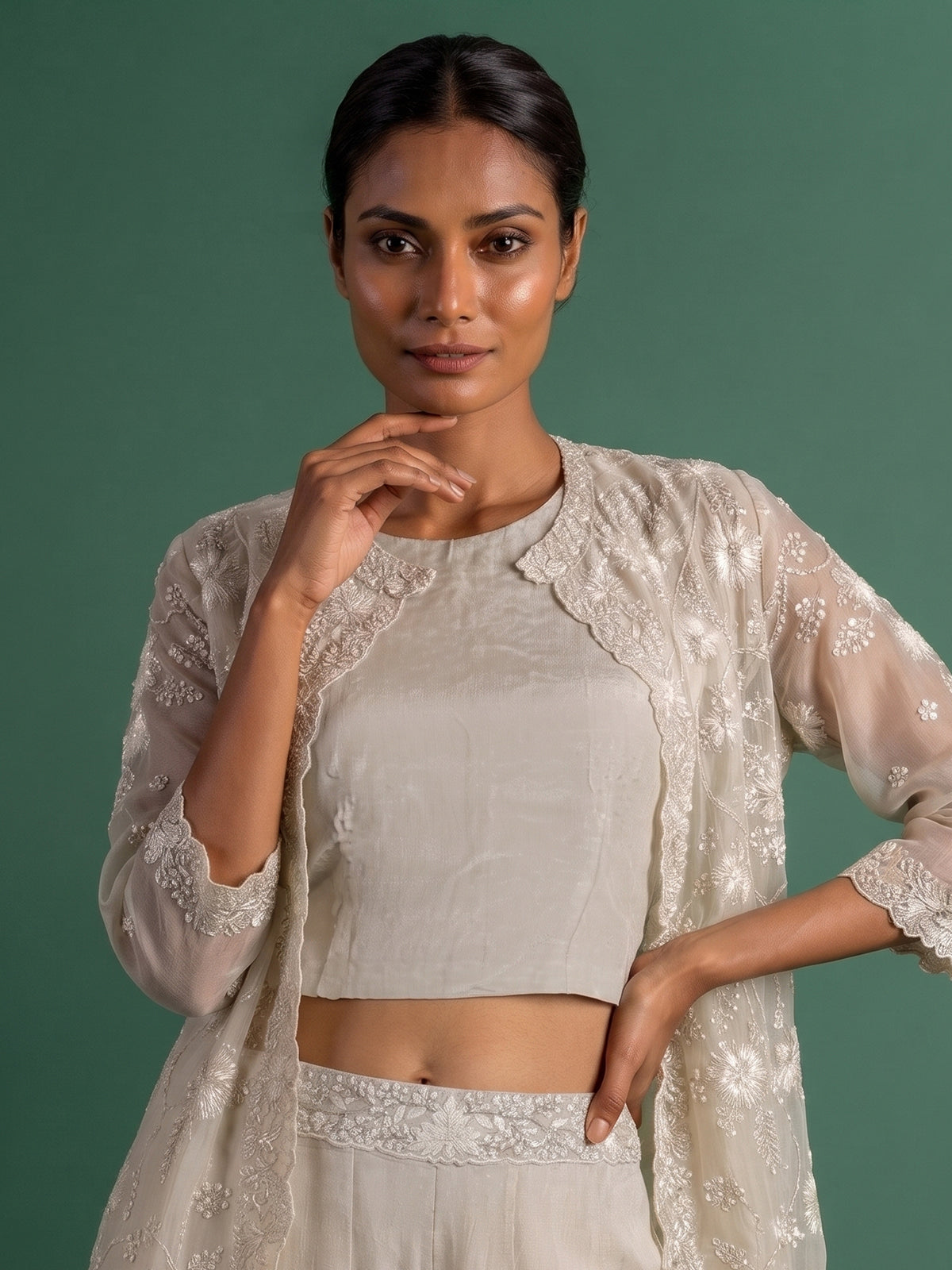 Ivory embroidered shimmer silk palazzo suit