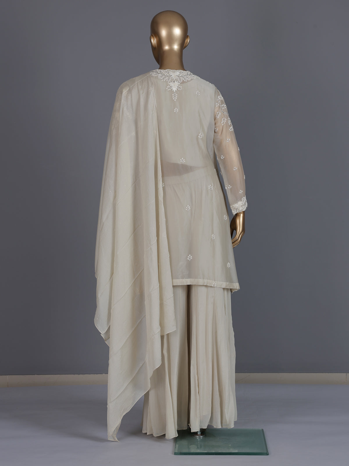 Ivory embroidered shimmer silk palazzo suit