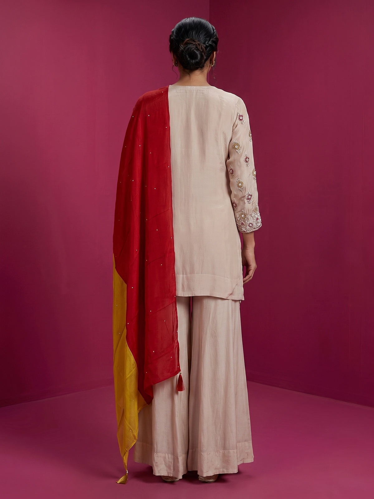 Beige embroidered tissue silk palazzo suit