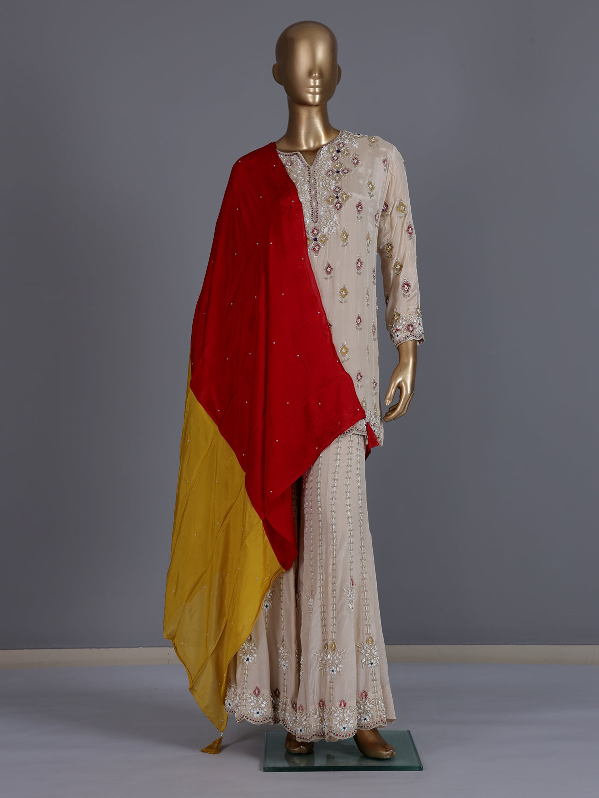 Beige embroidered tissue silk palazzo suit