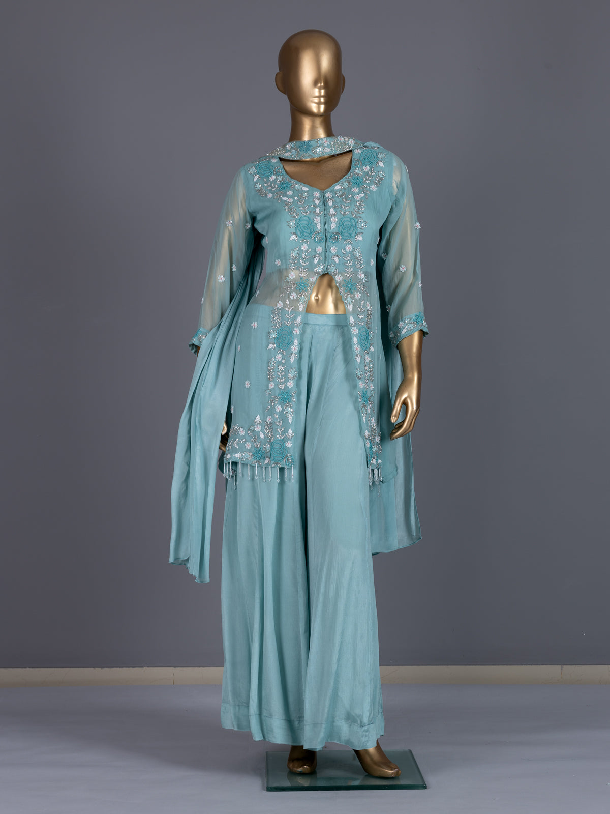 Sky blue embellished silk palazzo suit