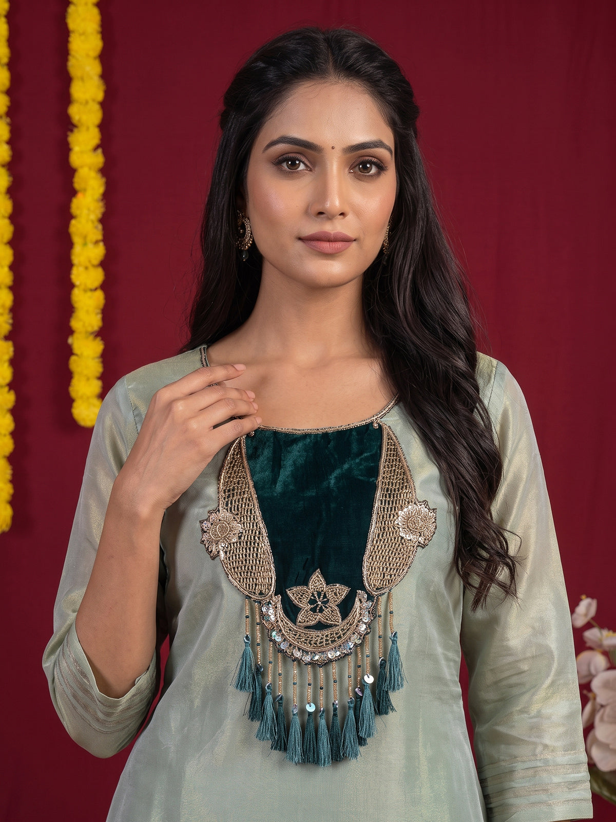 Green embroidered silk festive pant suit