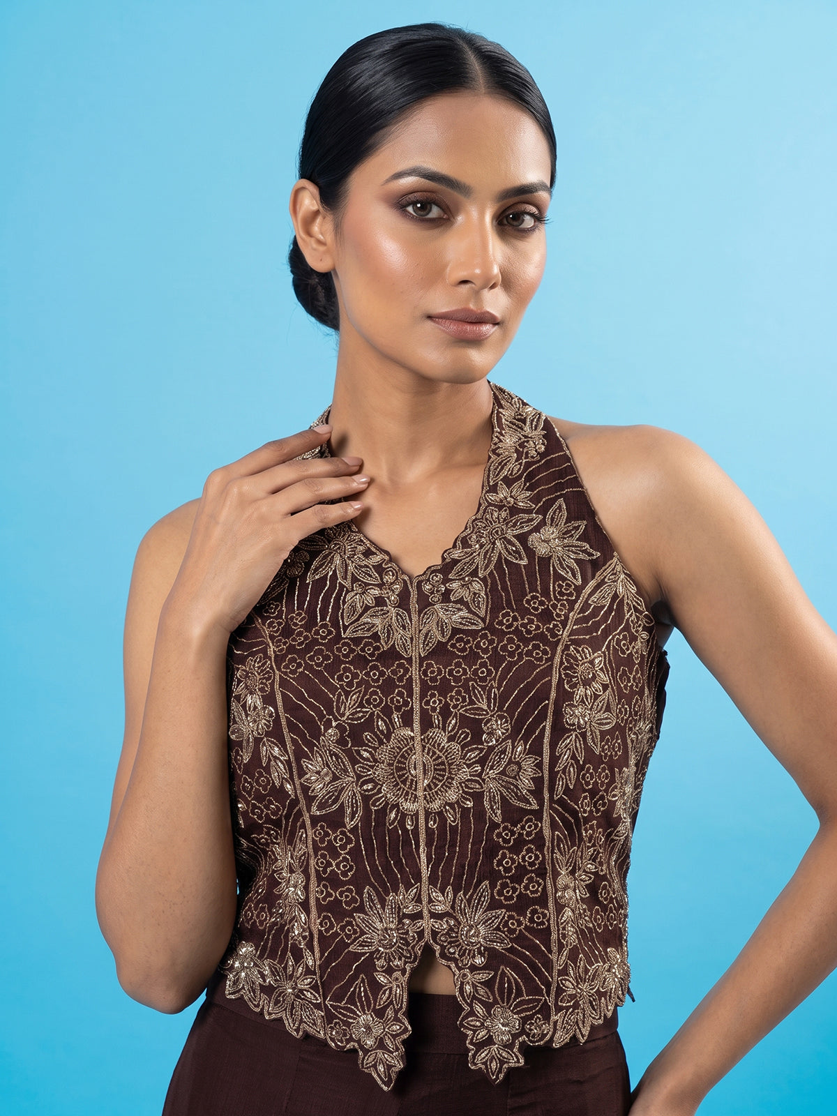 Brown halter neck crepe silk palazzo suit