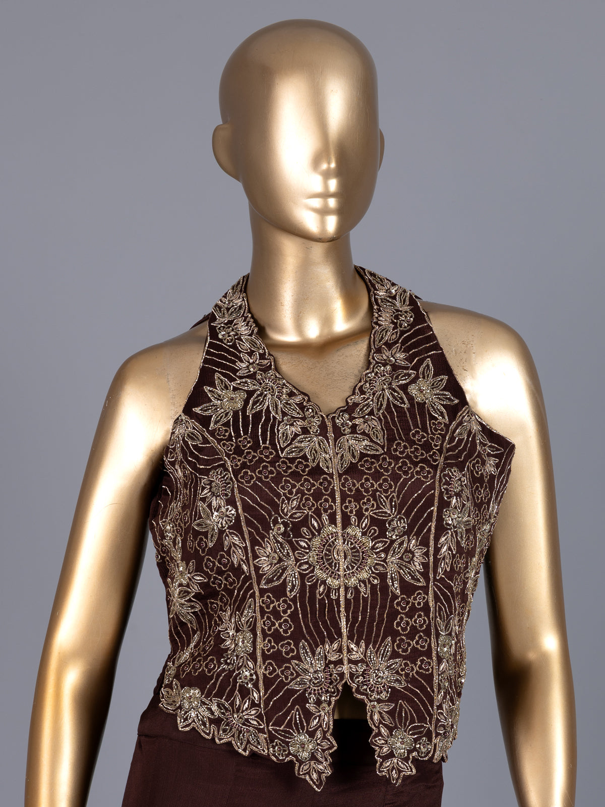 Brown halter neck crepe silk palazzo suit