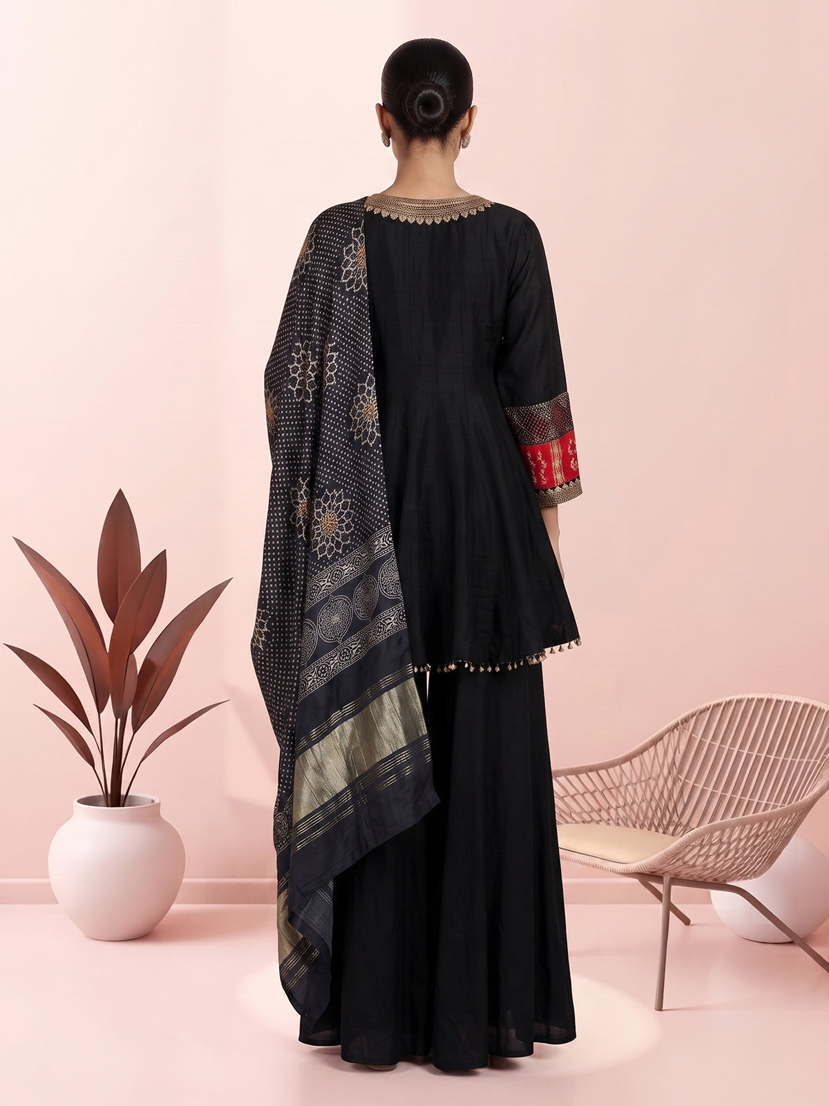 Black printed crepe silk palazzo suit