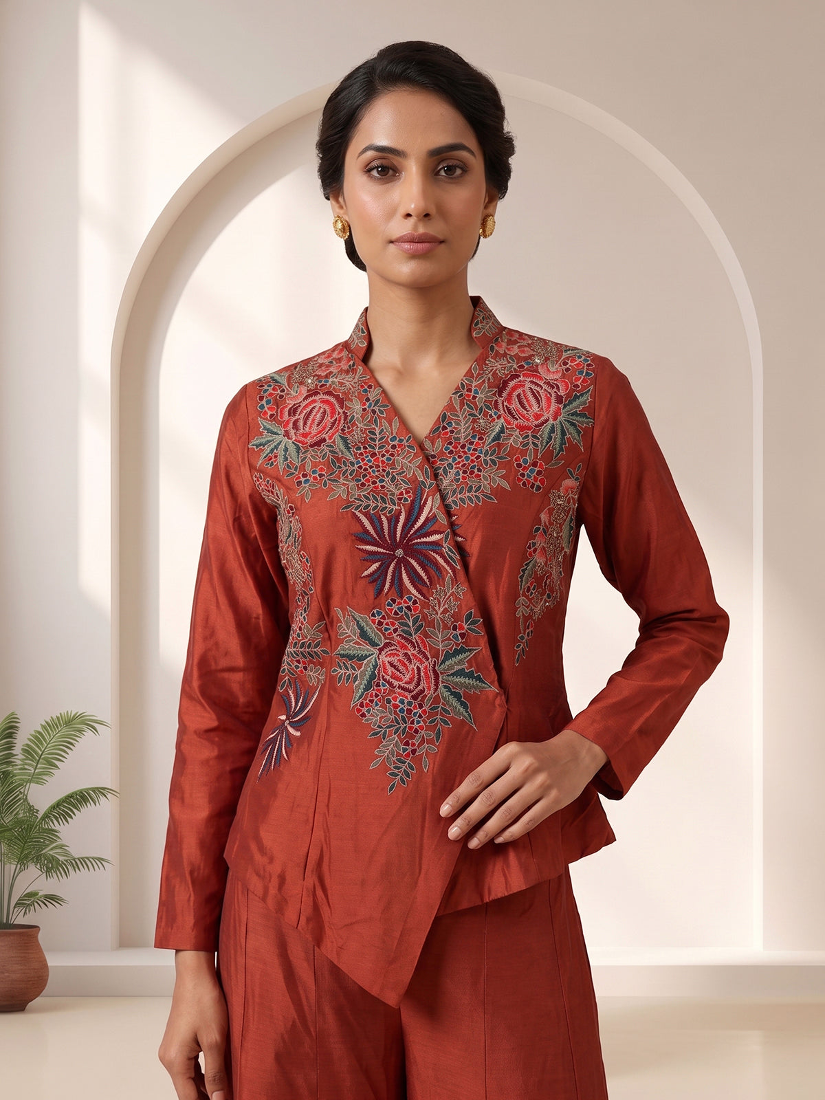 Rust embroidered indo western sharara style suit
