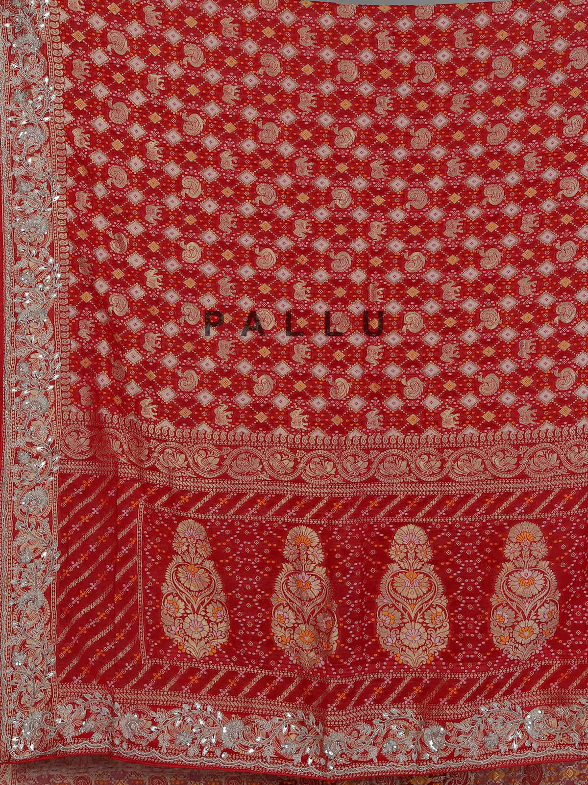 Red bandhani dola silk festive wedding saree drape
