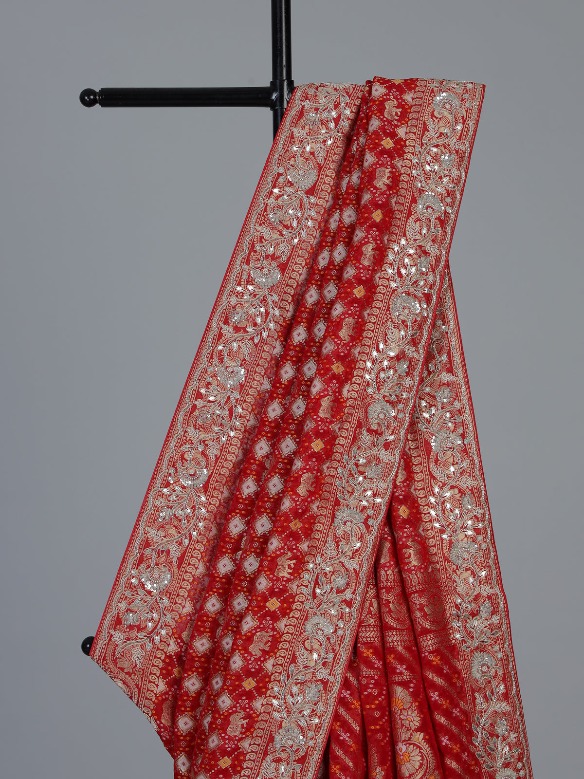 Red bandhani dola silk festive wedding saree drape