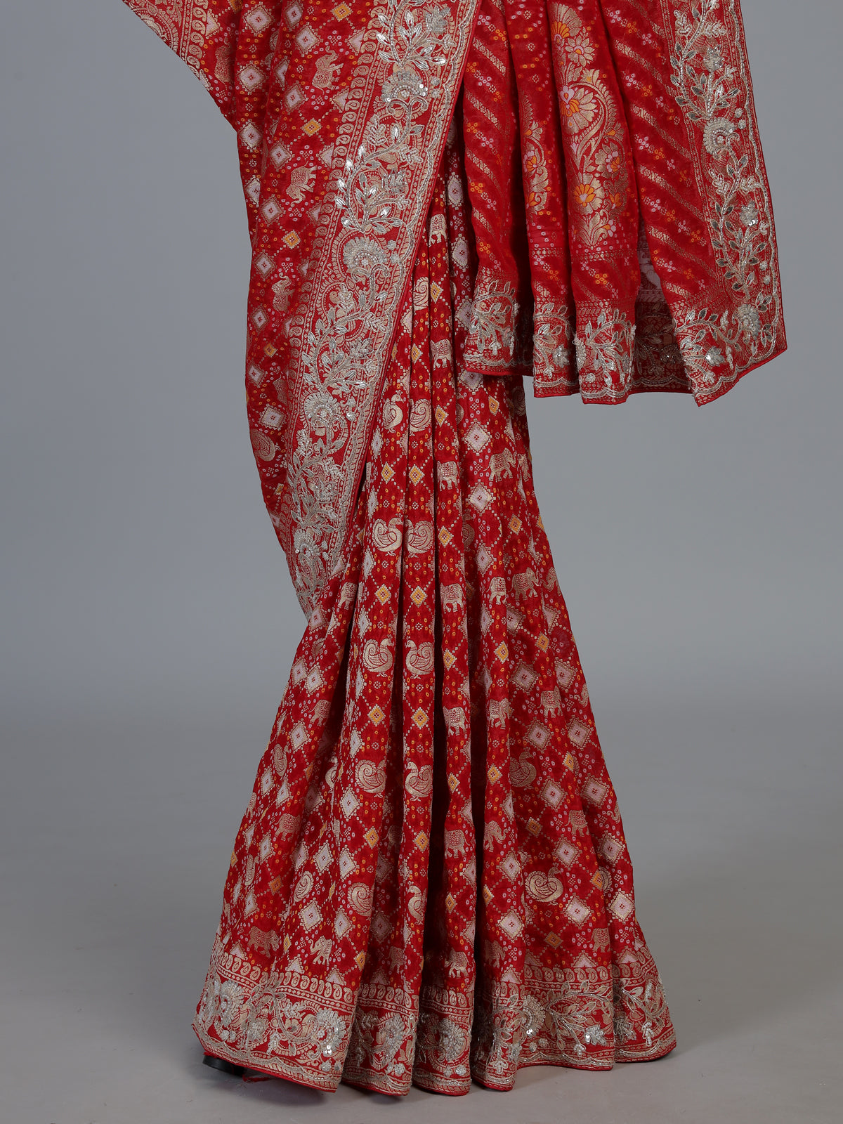 Red bandhani dola silk festive wedding saree drape