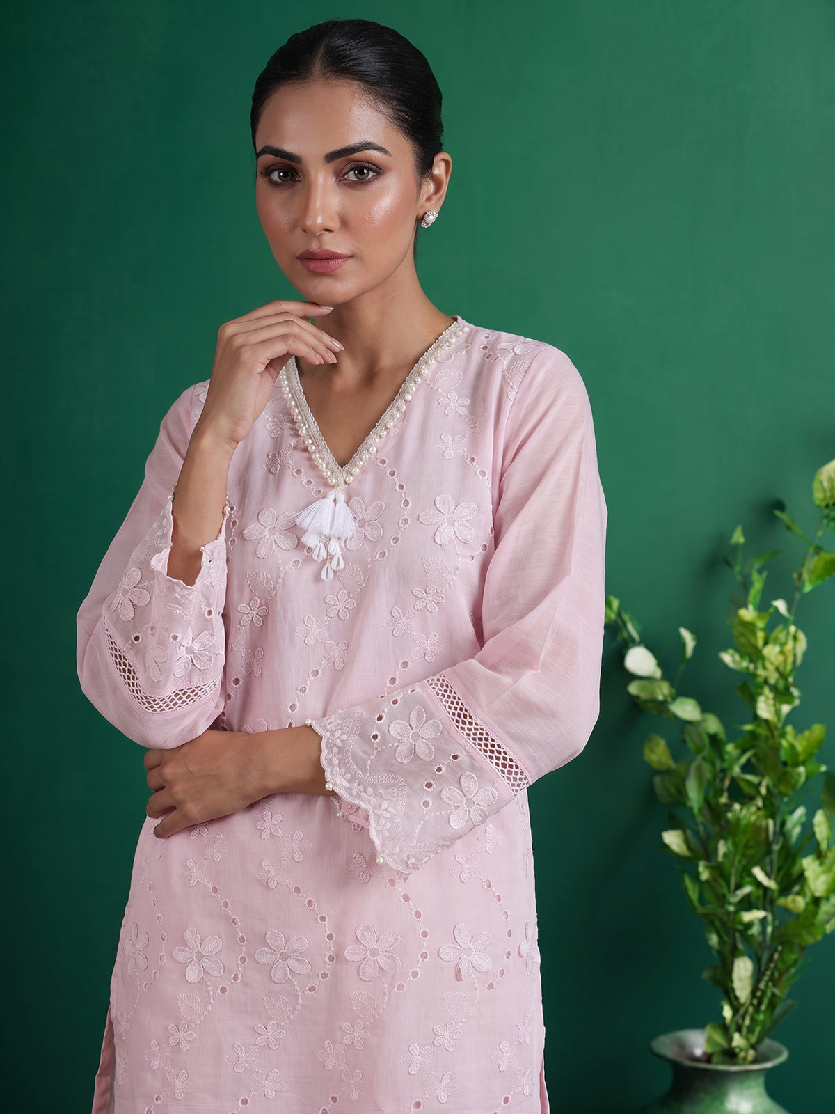 Pink embroidered cotton festive co-ord set