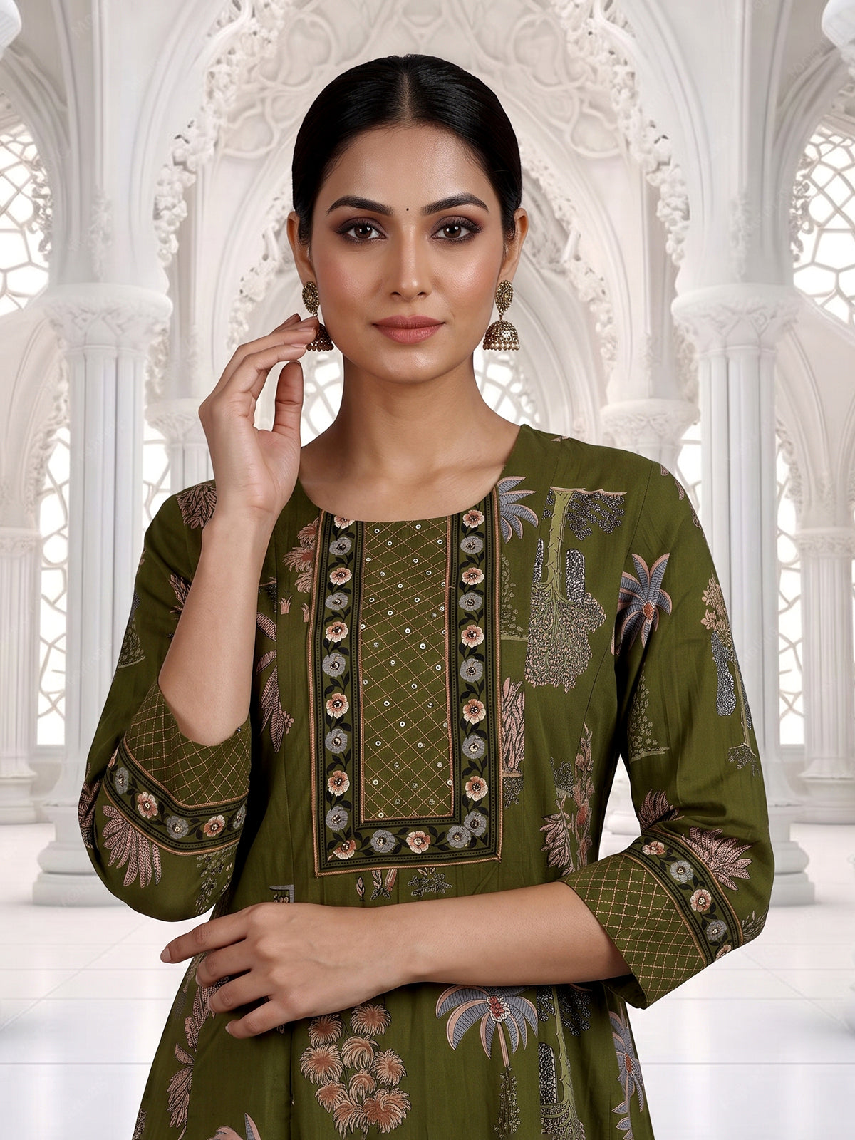Green printed anarkali cotton silk kurti set with dupatta