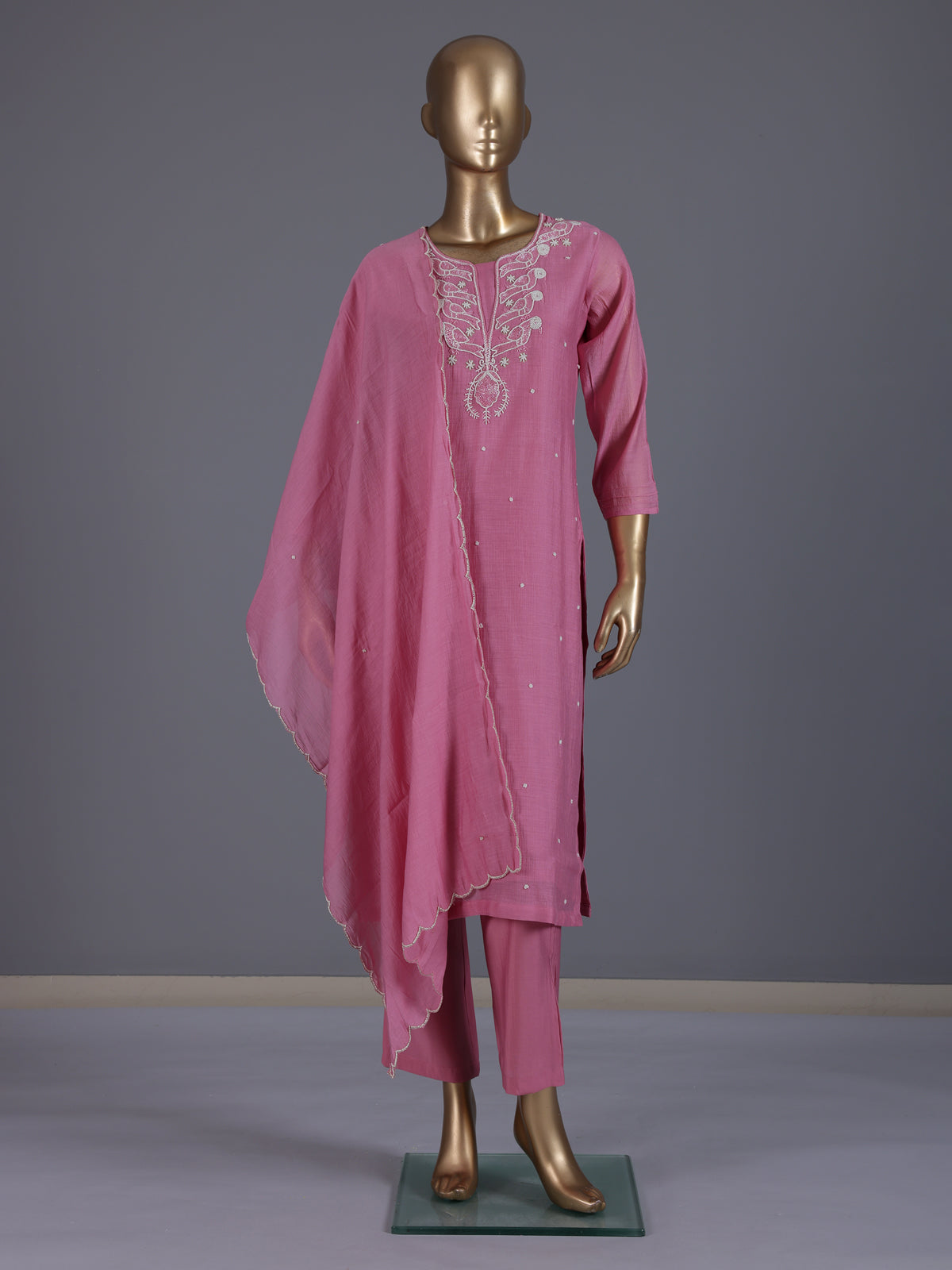 Pink embroidered cotton silk straight kurti set