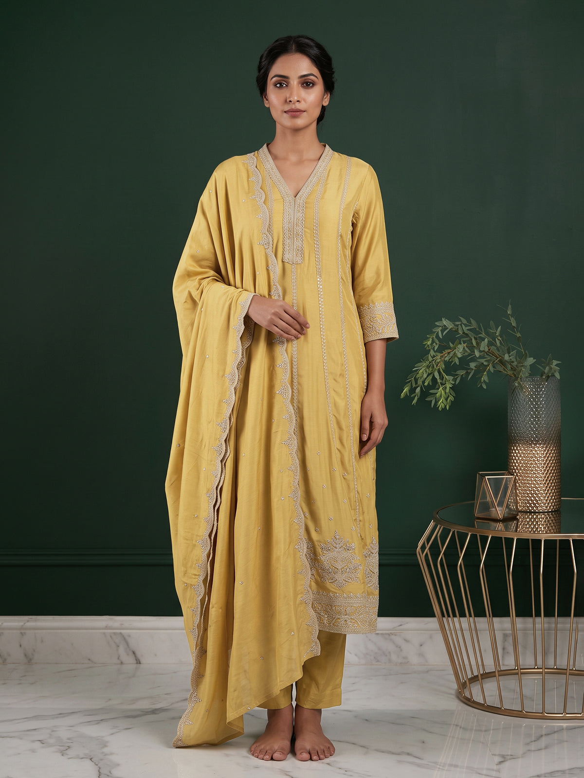 Yellow embroidered cotton silk anarkali kurti set
