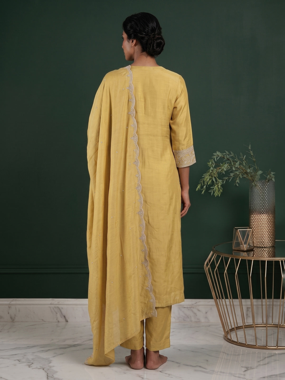 Yellow embroidered cotton silk anarkali kurti set