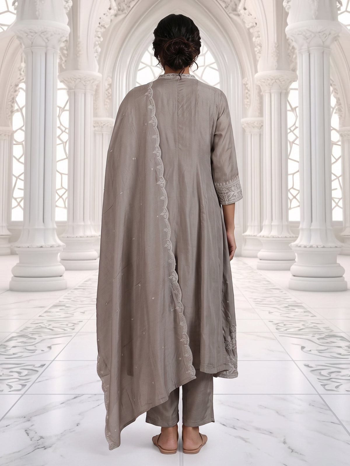 Grey embroidered cotton silk anarkali kurti set