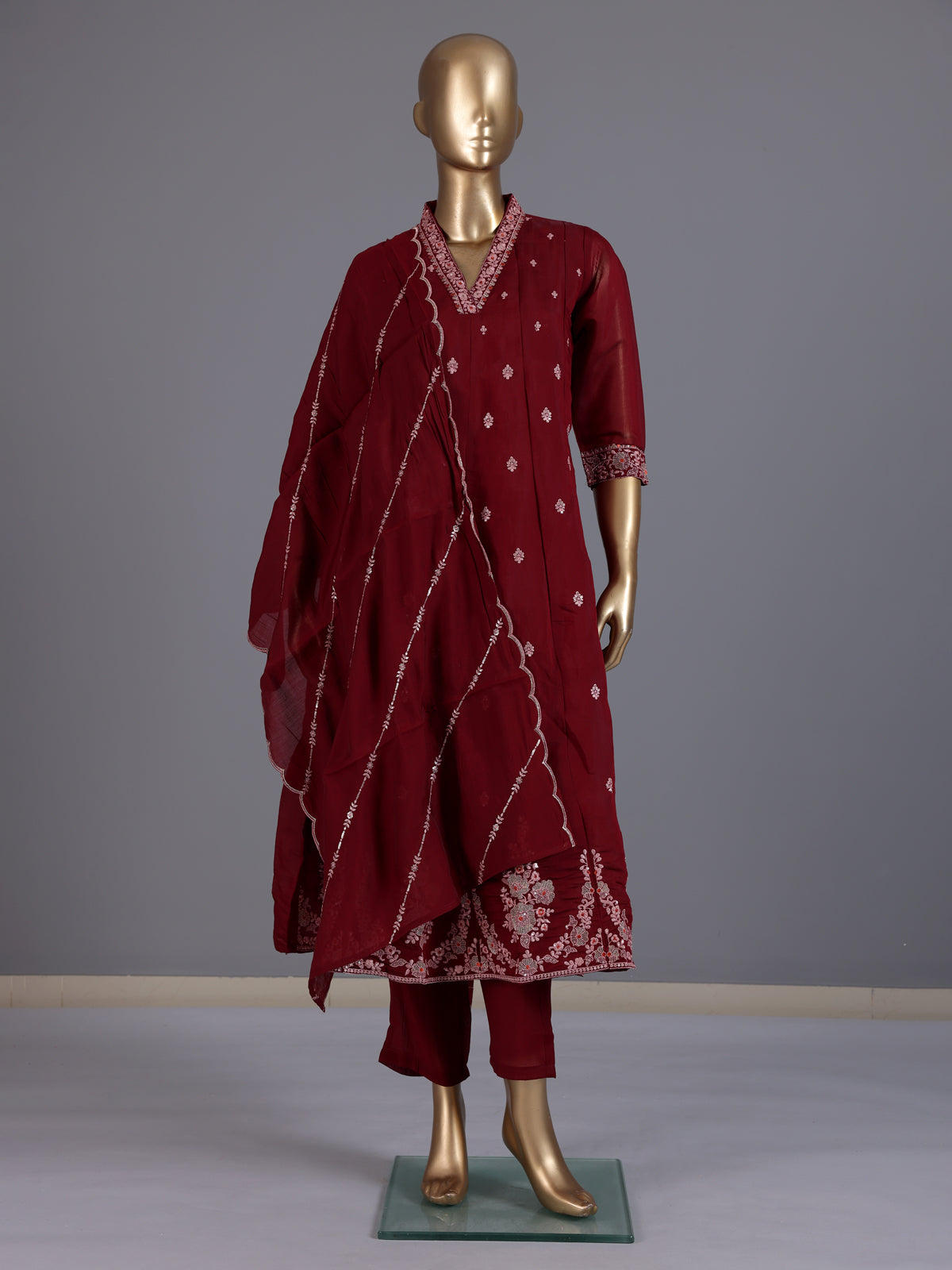 Maroon embroidered cotton silk anarkali kurti set