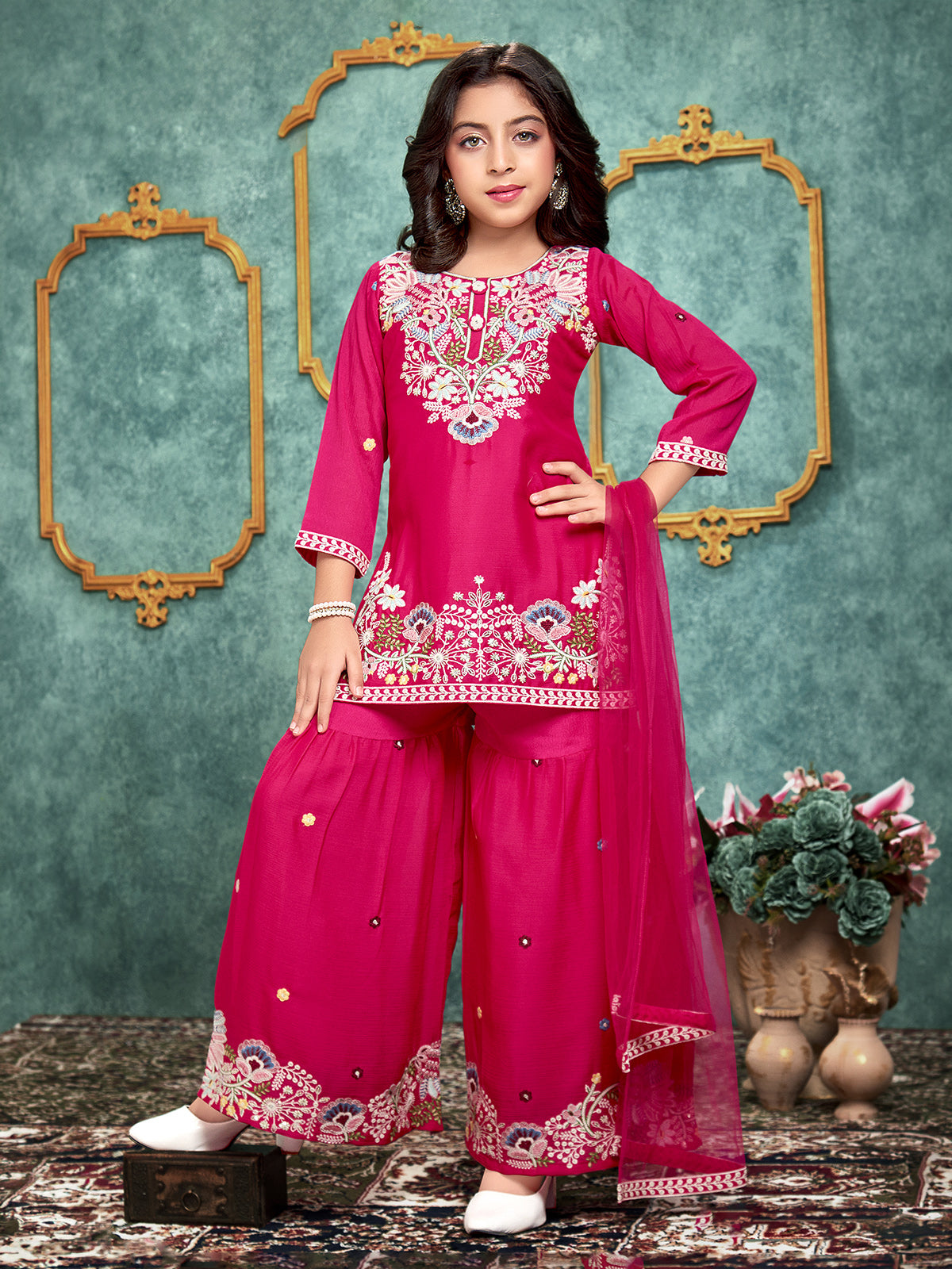 Pink embroidered silk sharara suit for girls
