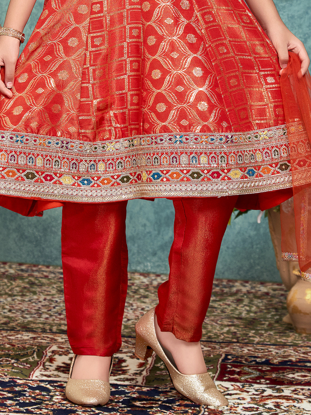 Rust orange embroidered crepe silk anarkali pant suit for girls