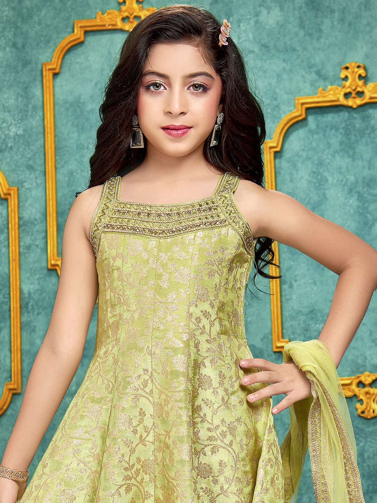 Green designer crepe silk anarkali palazzo suit for girls