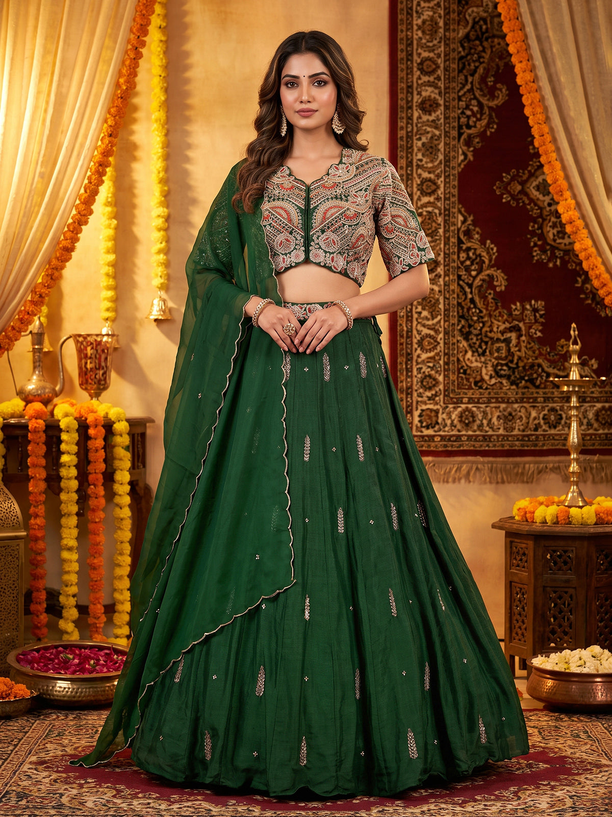 Bottle green embroidered crepe silk lehenga choli