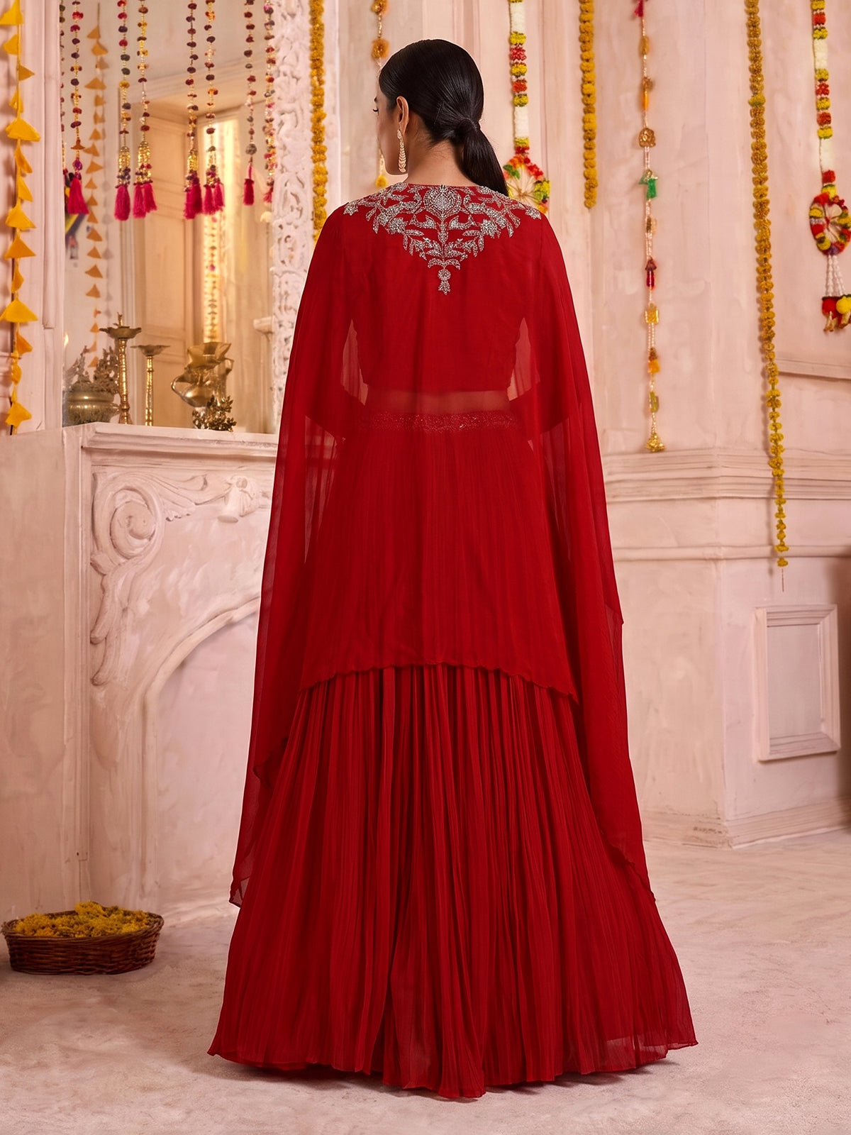 Red designer georgette silk cape lehenga choli