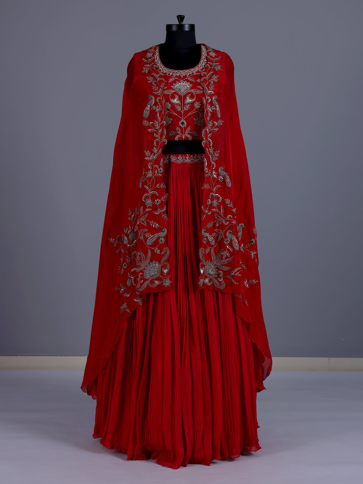 Red designer georgette silk cape lehenga choli