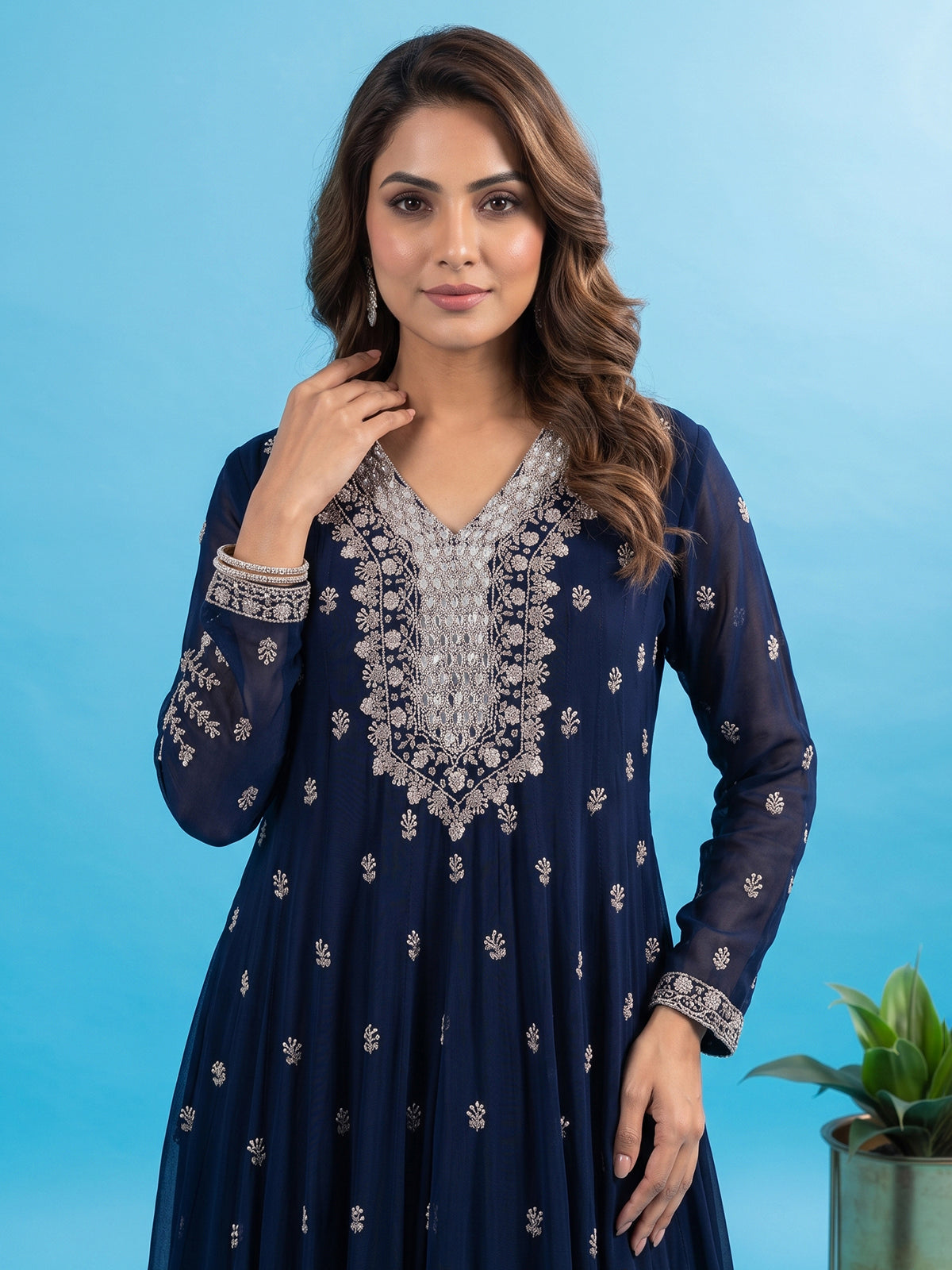 Navy blue embellished crepe silk floor length salwar suit