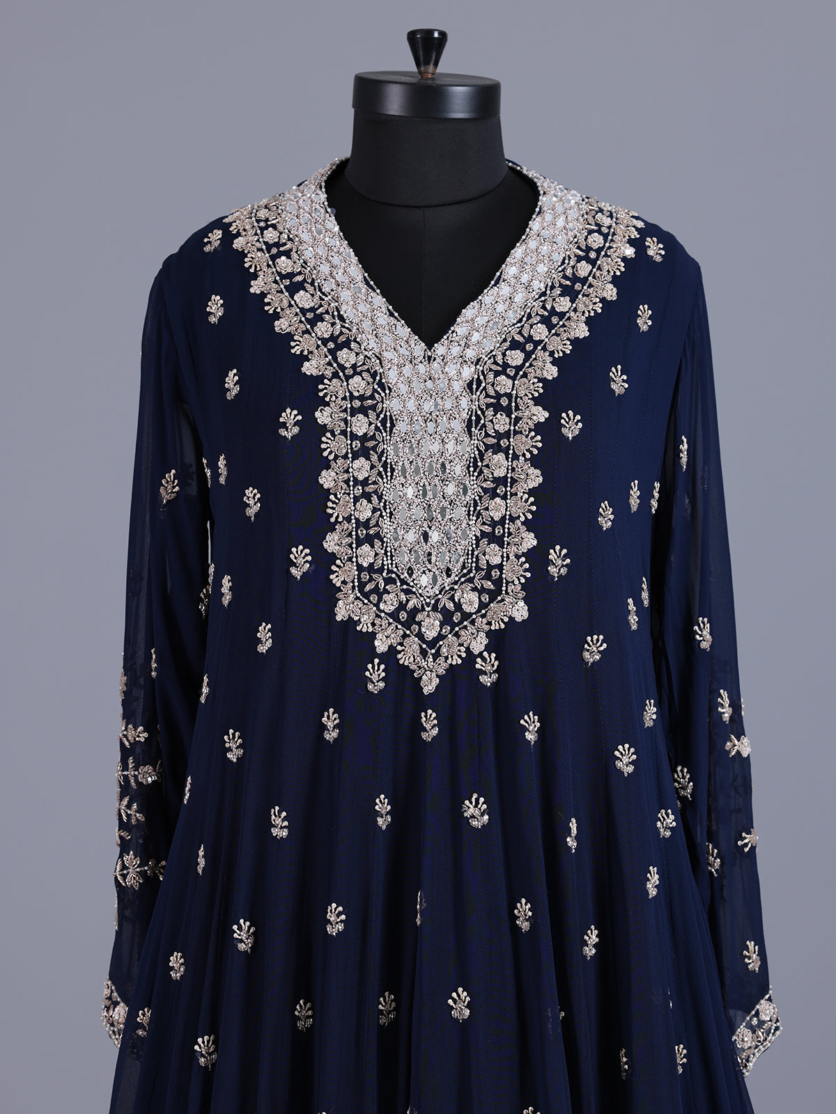 Navy blue embellished crepe silk floor length salwar suit