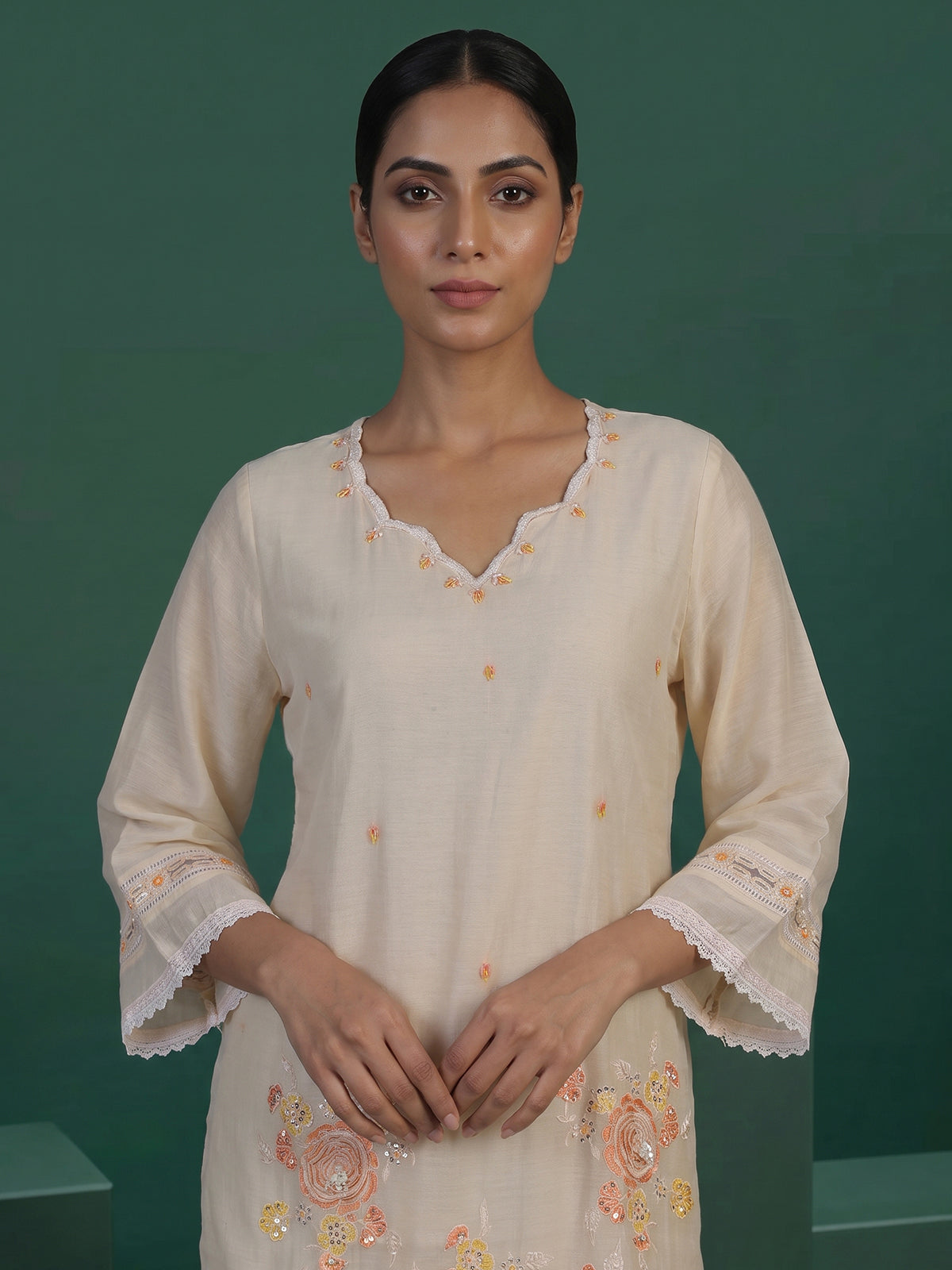 Beige cotton silk co-ord set with elegant embroidery