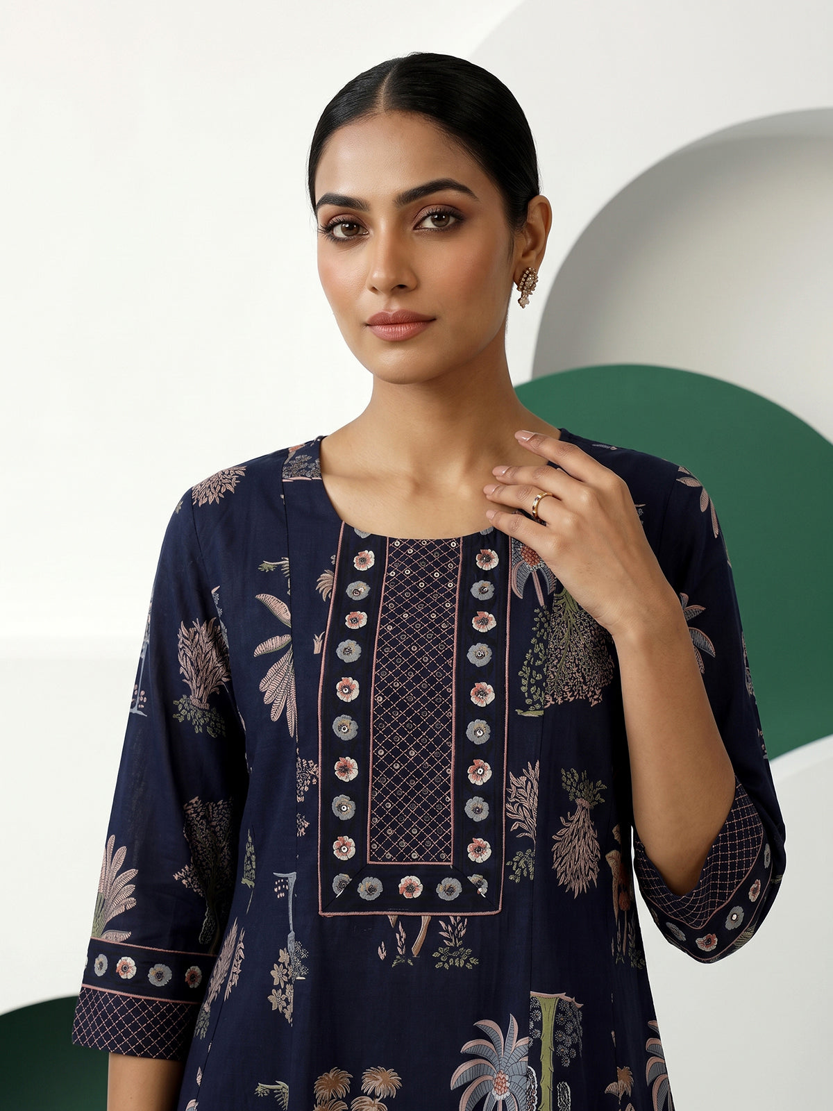 Blue cotton silk kurti set with heritage block prints