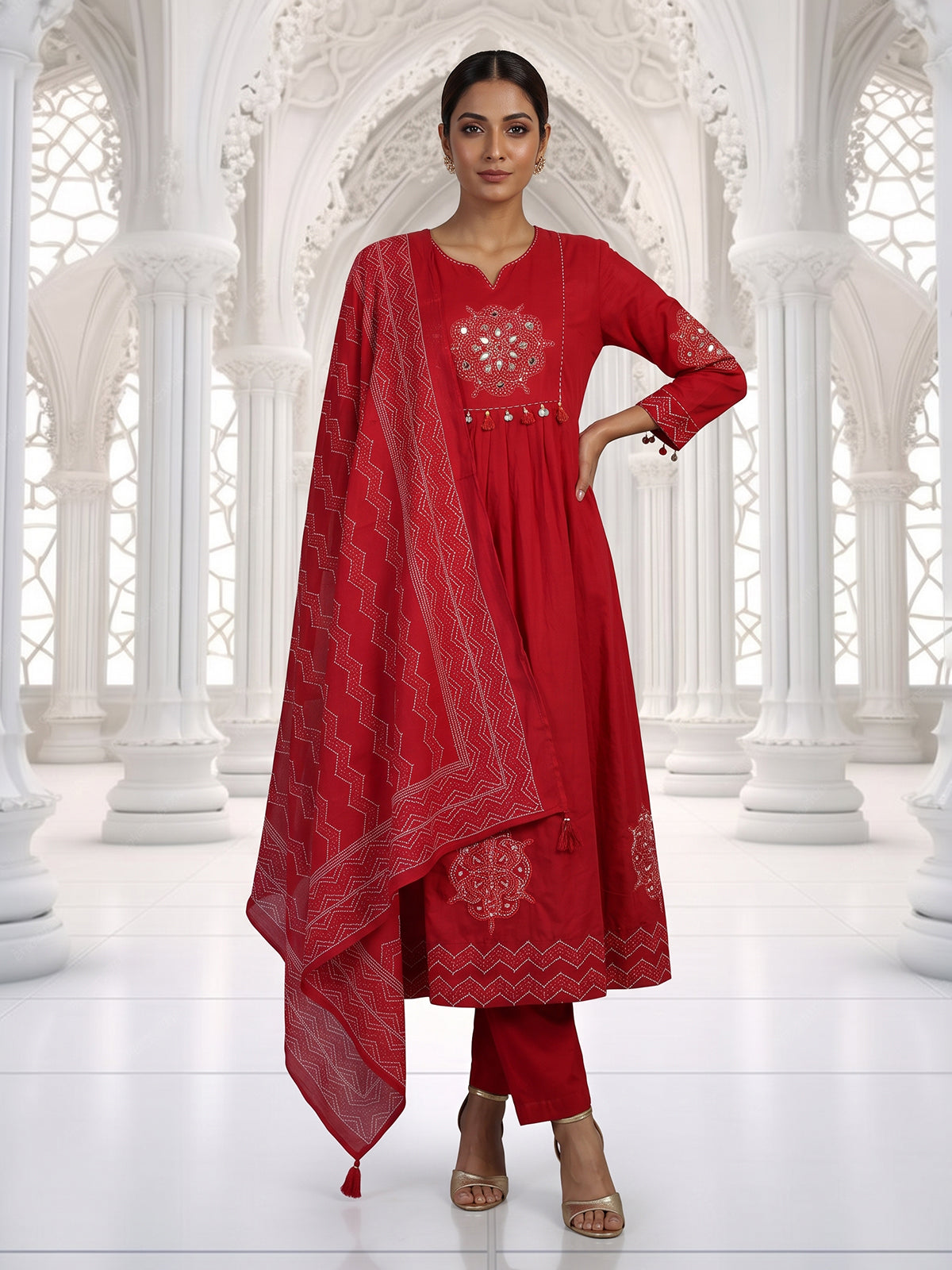 Red anarkali kurti set inspired by folk traditions