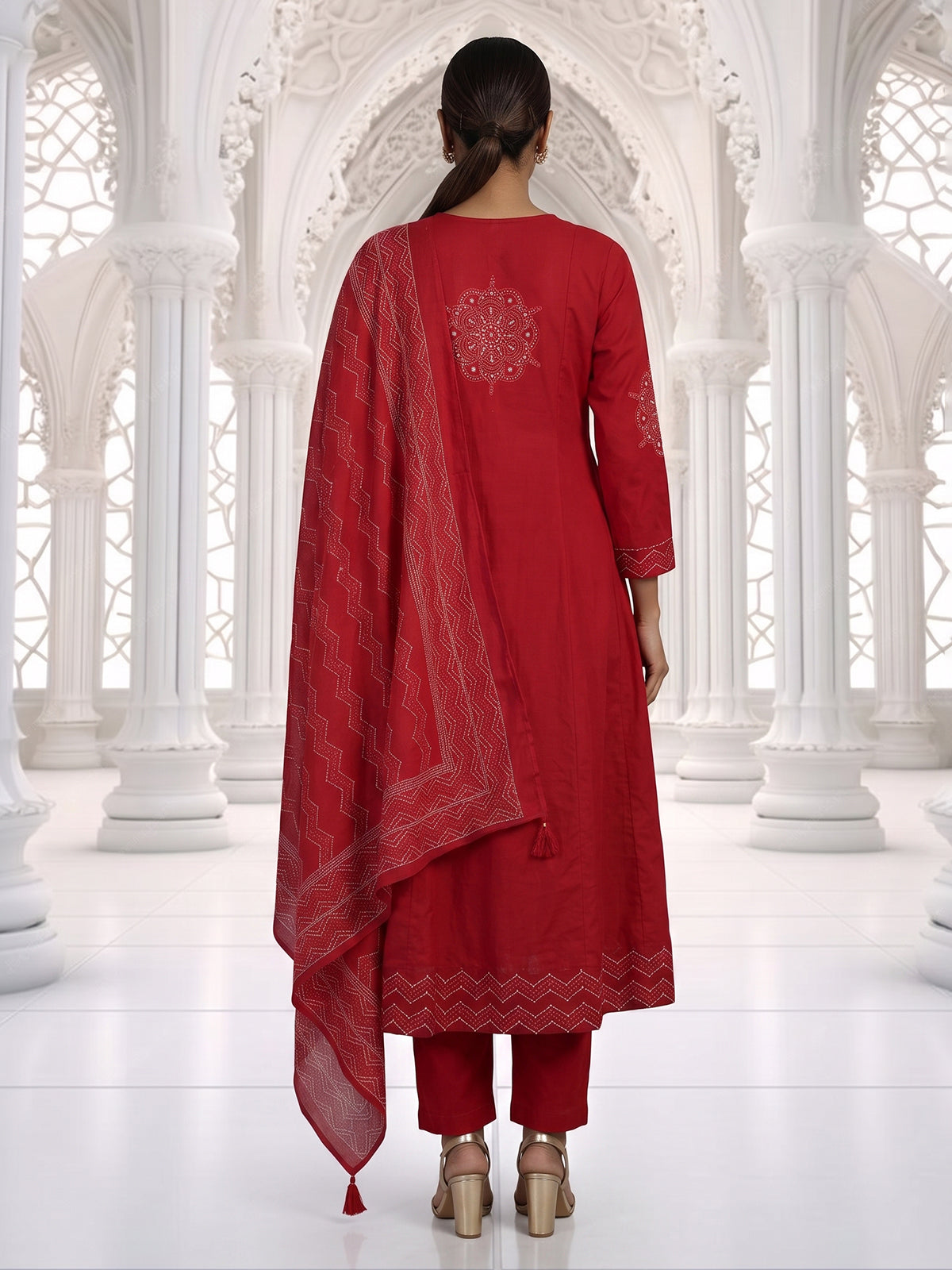 Red anarkali kurti set inspired by folk traditions