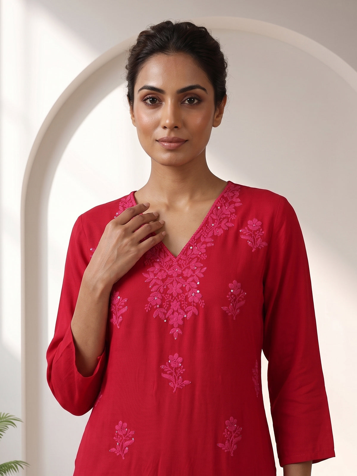 Rani pink crepe cotton silk kurti set for festive occasions