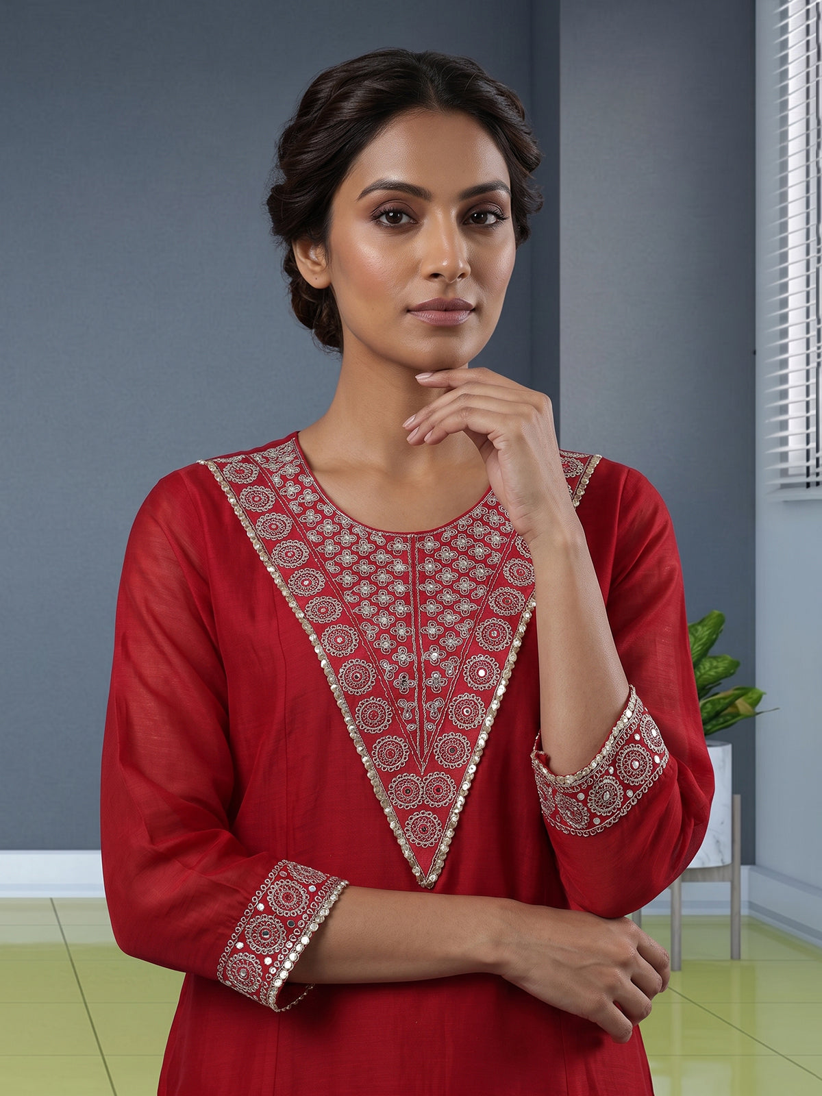 Red cotton silk kurti set with handcrafted festive elegance