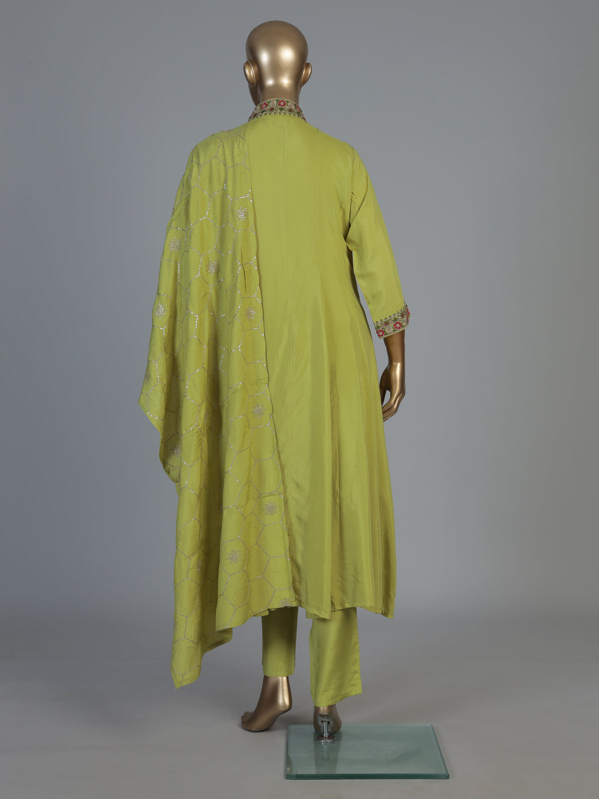 Green crepe silk kurti set with heritage floral detailing