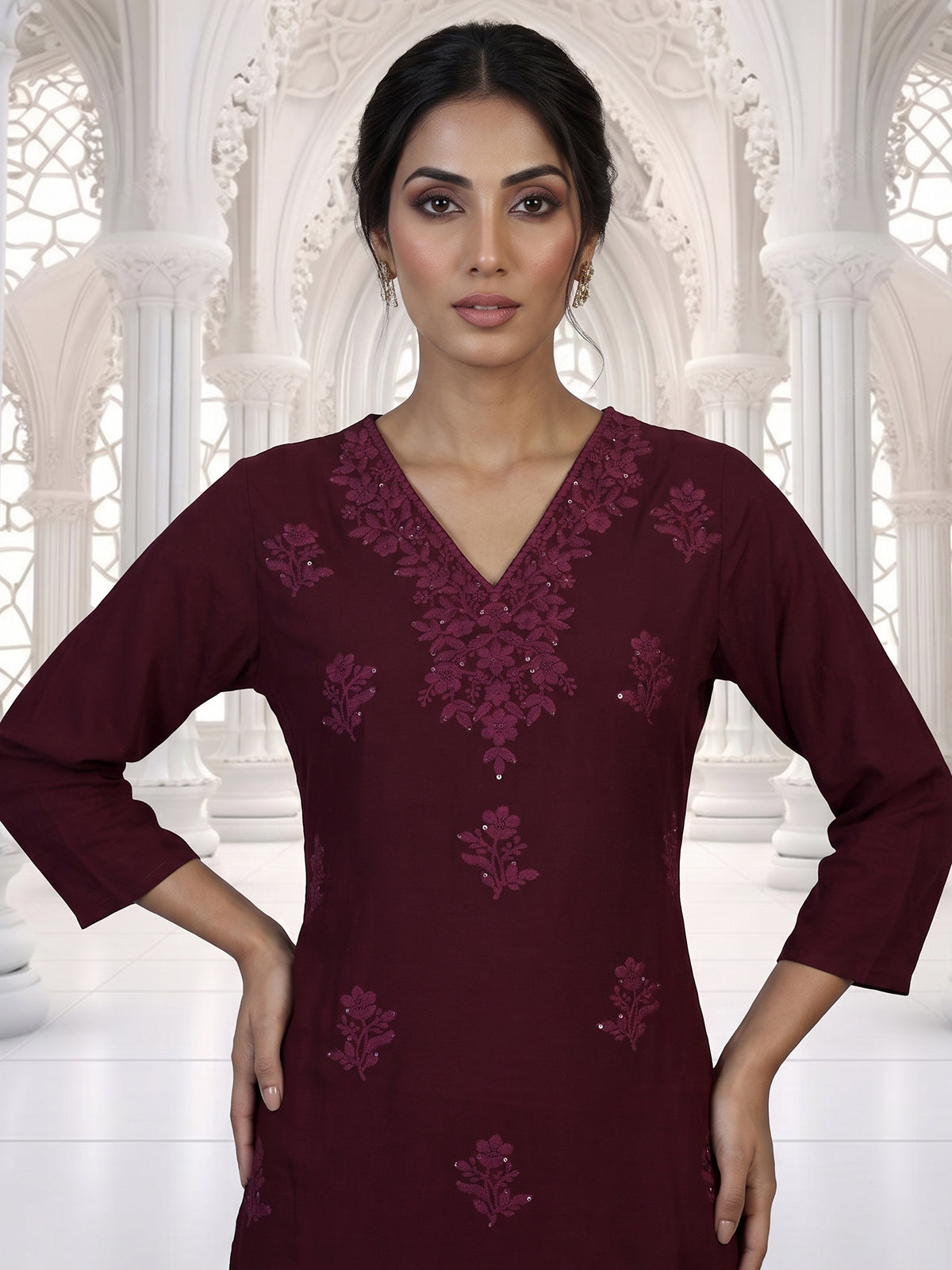 Wine embroidered kurti set with timeless festive appeal