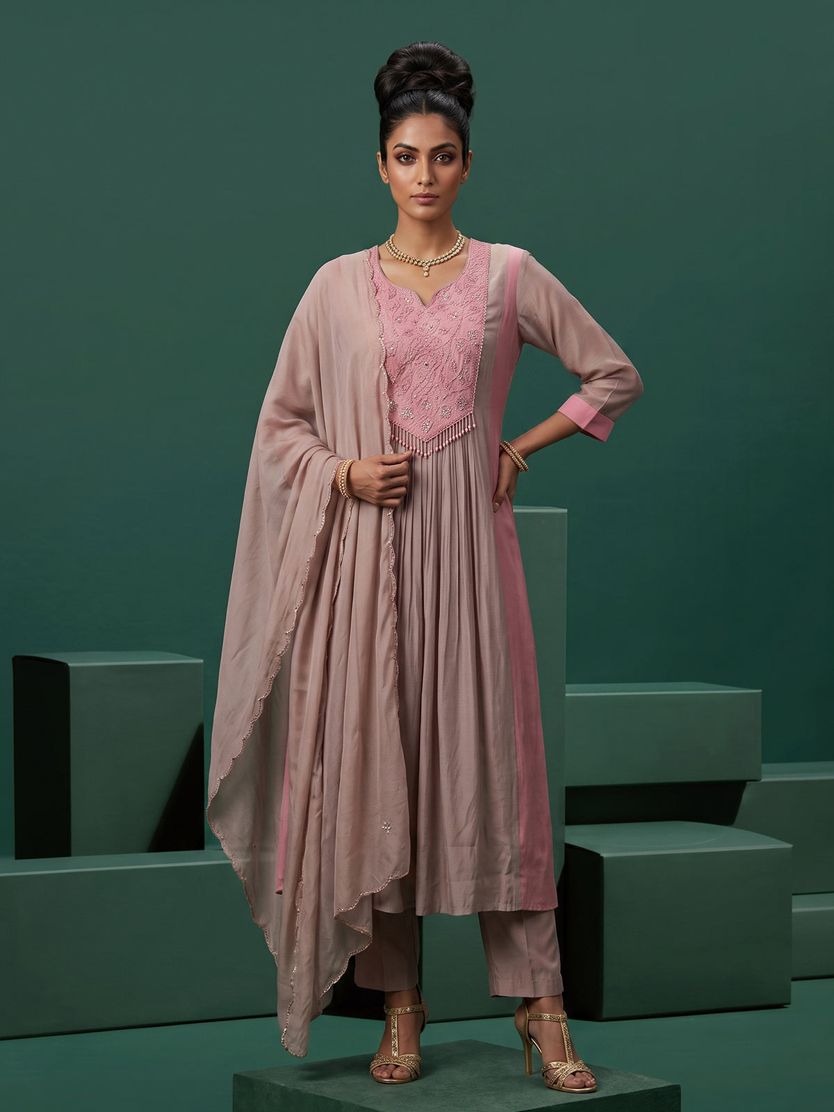 Beige designer kurti set with timeless ethnic glamour