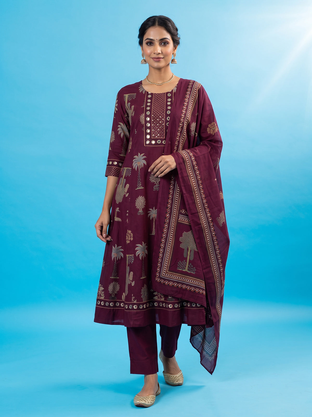 Purple floral kurti set with traditional printed elegance