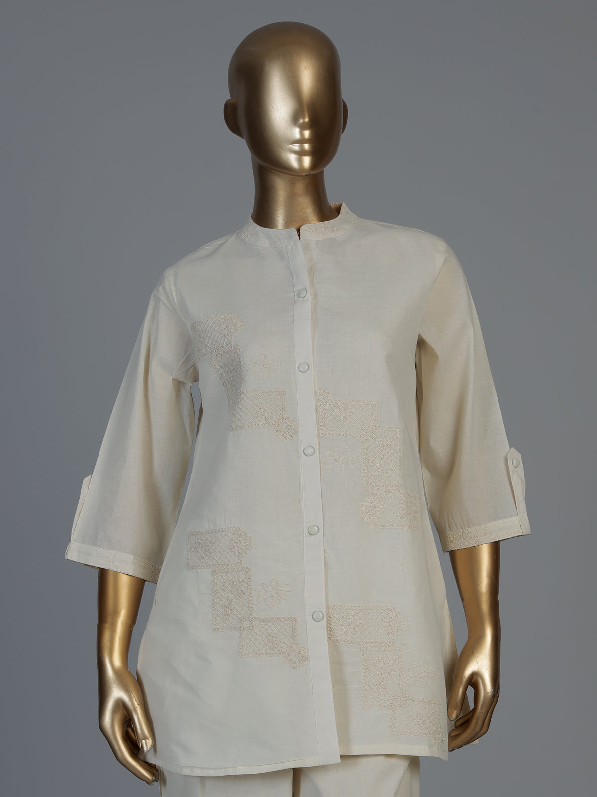 White linen thread work co ord set with elegant palazzo pants