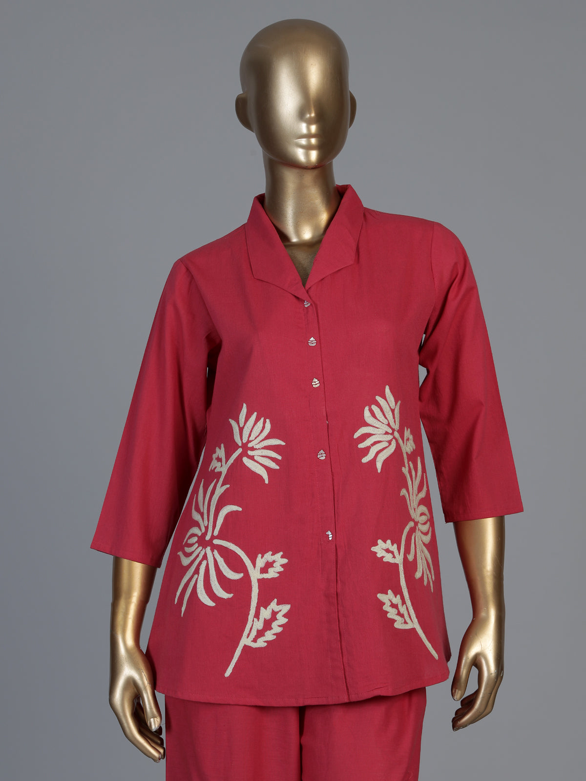 Reddish pink cotton silk thread work co ord set with palazzo