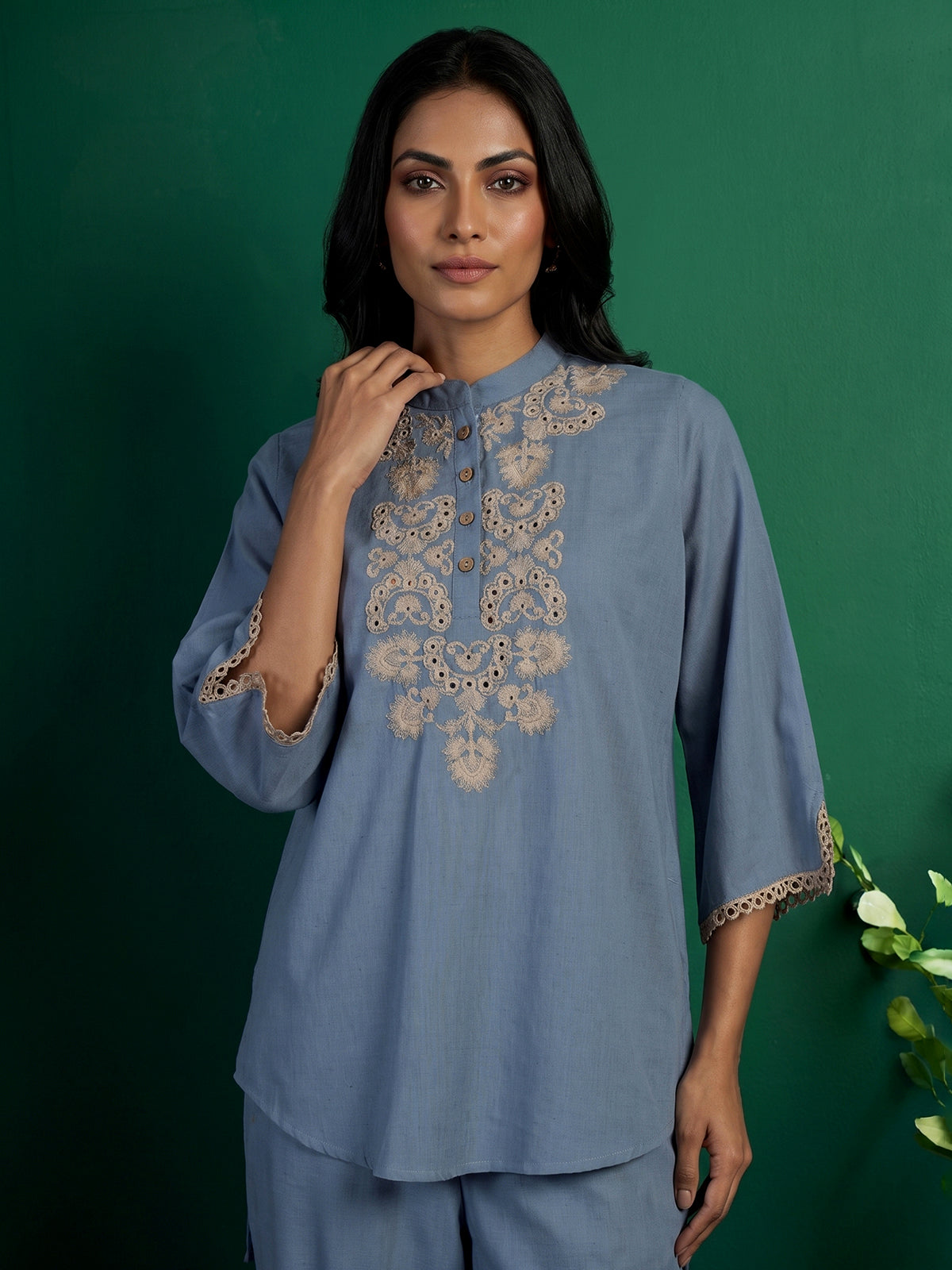 Stone blue cotton linen embroidered co ord set for festive occasions