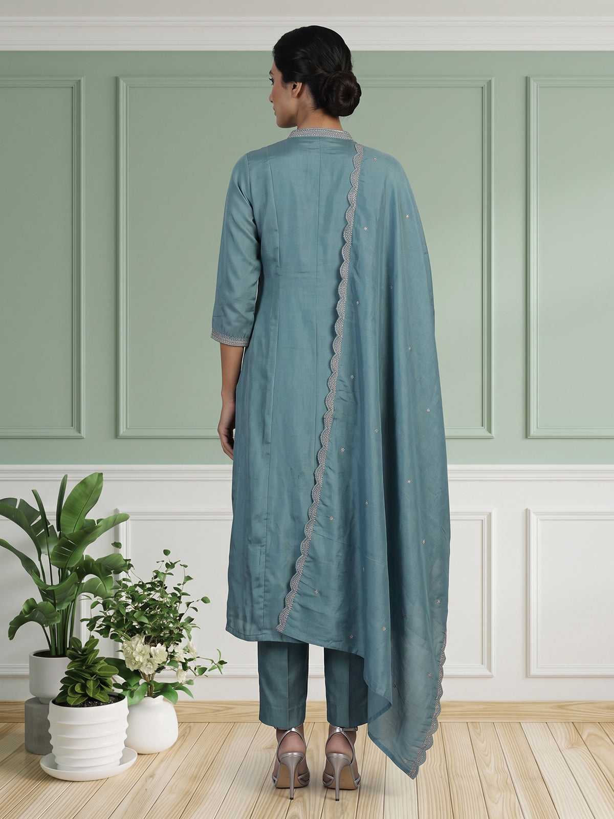 Pastel blue silk anarkali kurti set with elegant dupatta pants