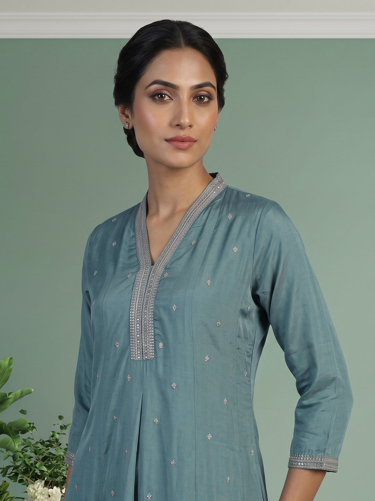 Pastel blue silk anarkali kurti set with elegant dupatta pants